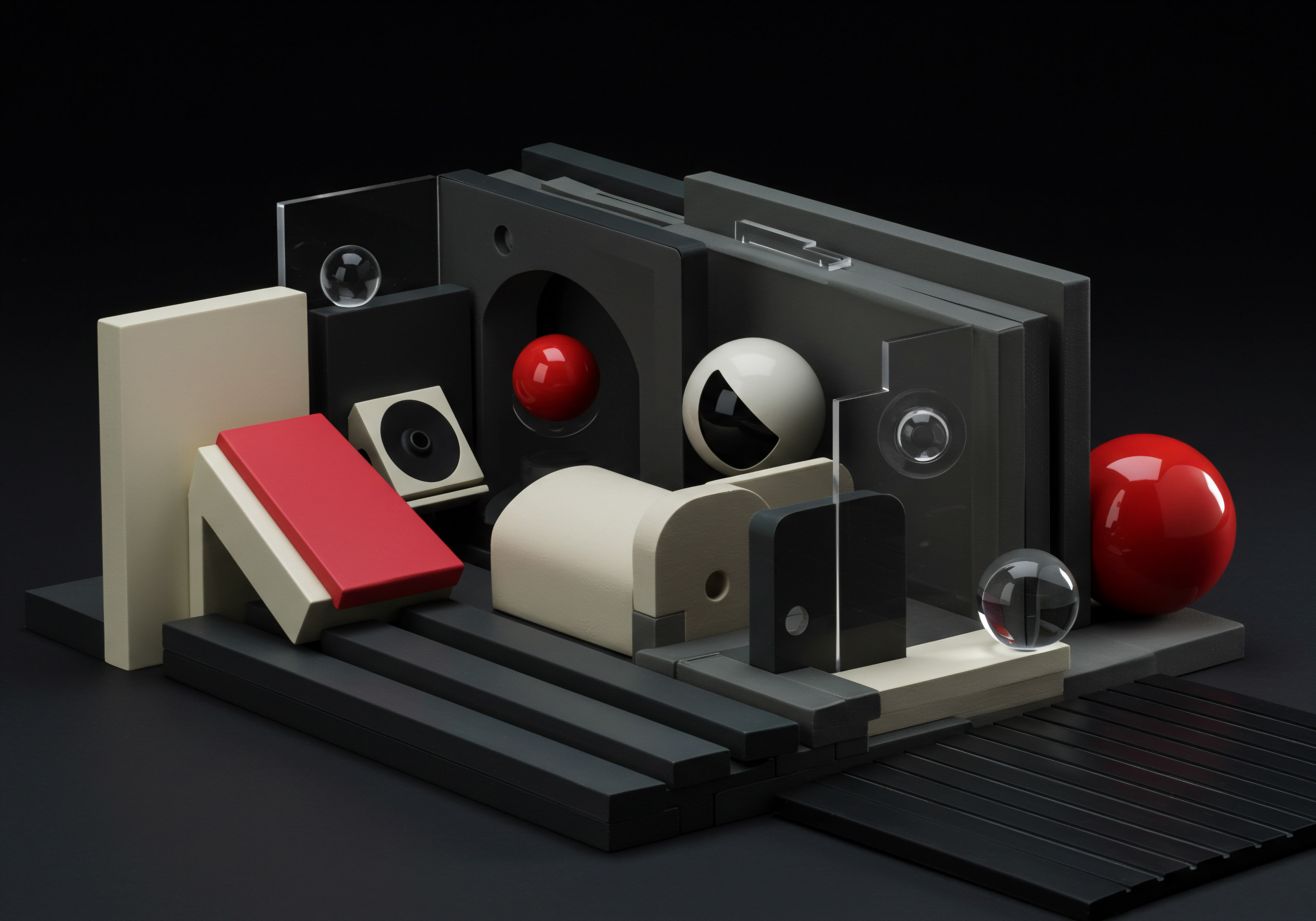 Abstract Architectural Display for SMB Scale Strategy Growth and Business Vision Arrangement showcases geometric forms symbolizing scaling strategy for entrepreneurial ventures. Cubes spheres and rectangles symbolize structures vital for modern small businesses. Juxtaposing gray white and red emphasizes planning and strategic objectives regarding cloud solutions, data integration and workflow optimization essential for efficiency and productivity.