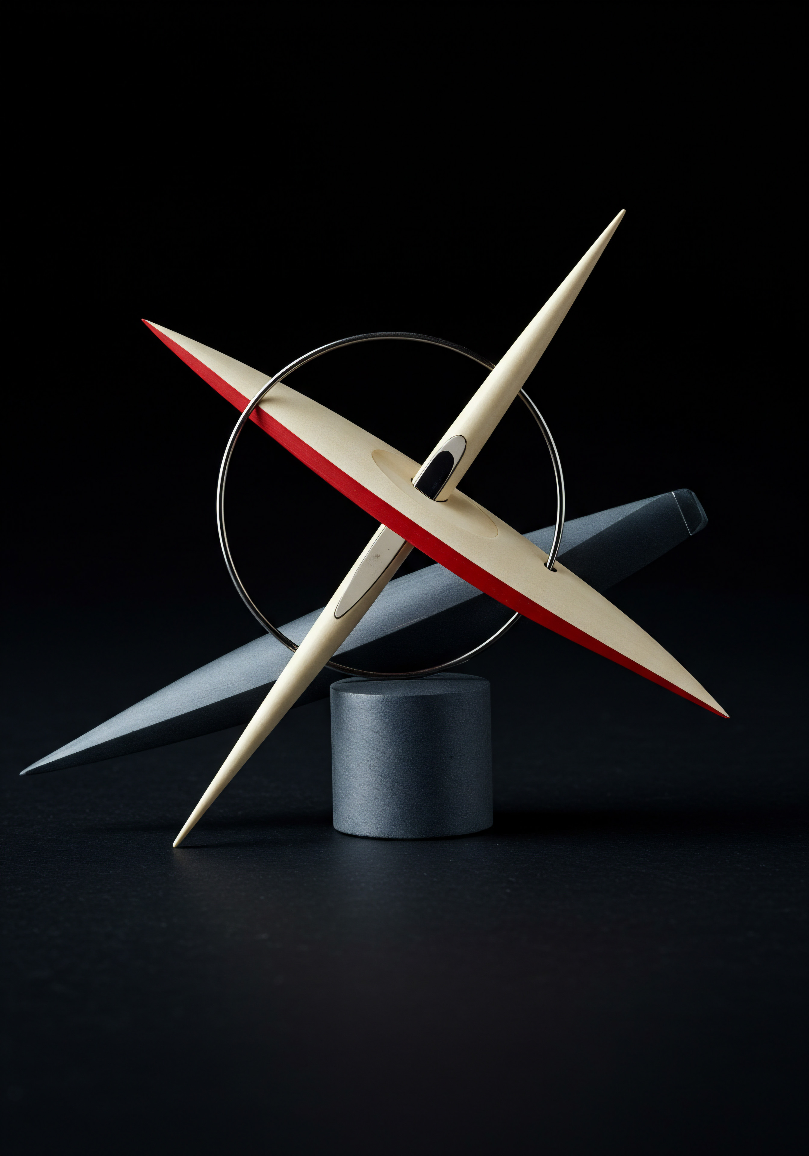 A sleek and innovative representation visualizes an SMB's journey toward sustained growth, pivoting on solution and innovative ideas. The image portrays crossed elements in cream and gray shades, intersecting a silver ring symbolizing network and connection, set against a black background, emphasizing digital transformation. The central gray cylinder represents the foundation of enterprise while the composition suggests balance, adaptability and business development in the marketplace. Ideas and technology integration streamline the workflow. Growth and progress are achieved through digital tools and a strategic vision for long-term sustainability within the local economy and global commerce. The image further encourages a positive corporate culture, fostering teamwork and communication to magnify a medium-sized business to success. Success involves strategic investment, improved efficiency, and innovative solutions, which include SaaS and AI integration.