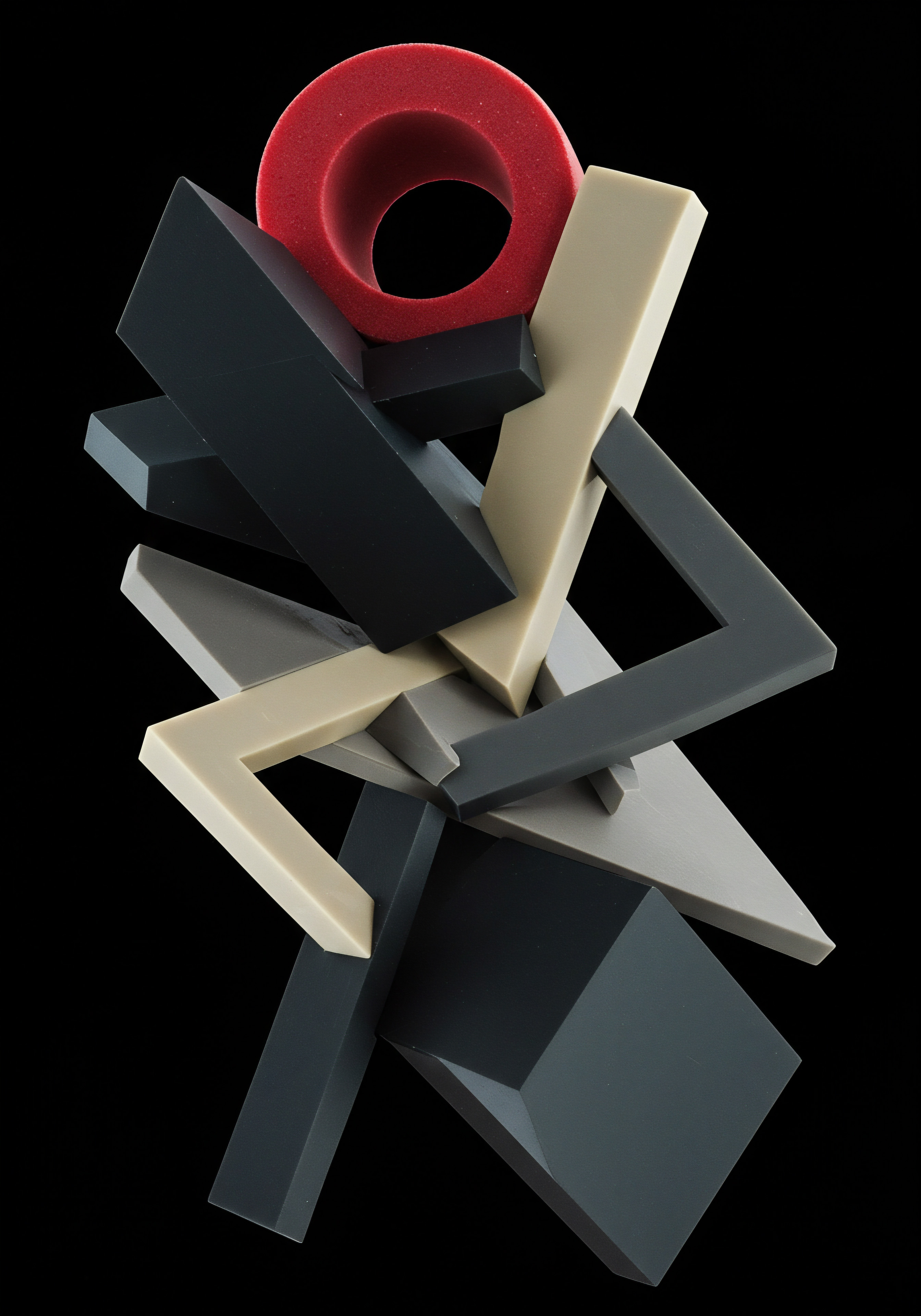 Abstract Business Development Shape Depicts Startup Growth Scaling and SMB Innovation This dynamic composition of shapes embodies the challenges and opportunities inherent in entrepreneurial endeavors representing various facets of small business operations. Colors of gray, light beige and matte black blend and complement a red torus element in the business workplace. Visuals display business planning as well as a pathway for digital transformation and scaling in medium business.