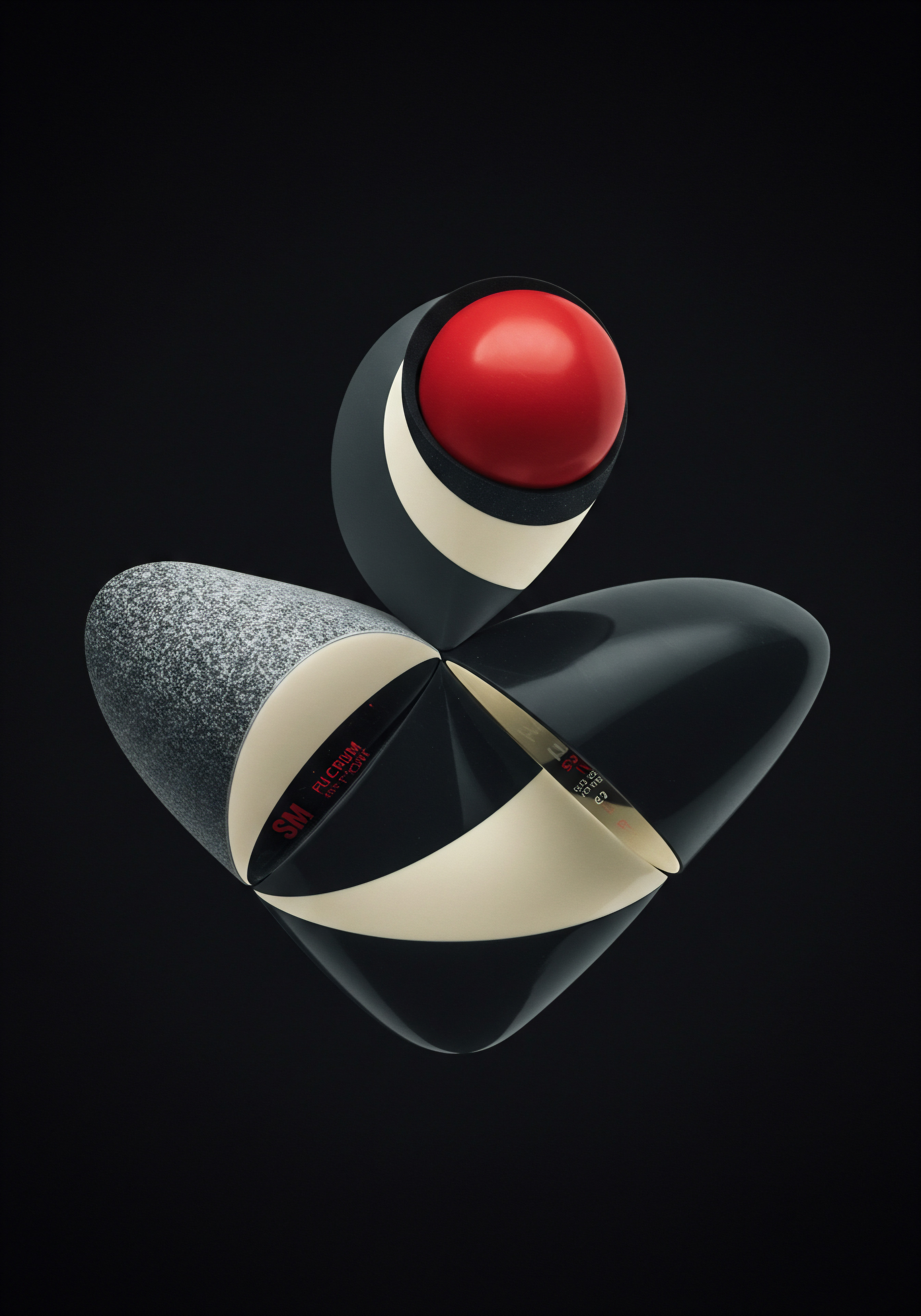 Abstract Fulcrum Design Scaling Medium Business in a Growth Environment An abstract form dominates against a dark background, the structure appears to be a symbol for future innovation scaling solutions for SMB growth and optimization. Colors consist of a primary red, beige and black with a speckled textured piece interlinking and highlighting key parts. SMB can scale by developing new innovative marketing strategy through professional digital transformation.