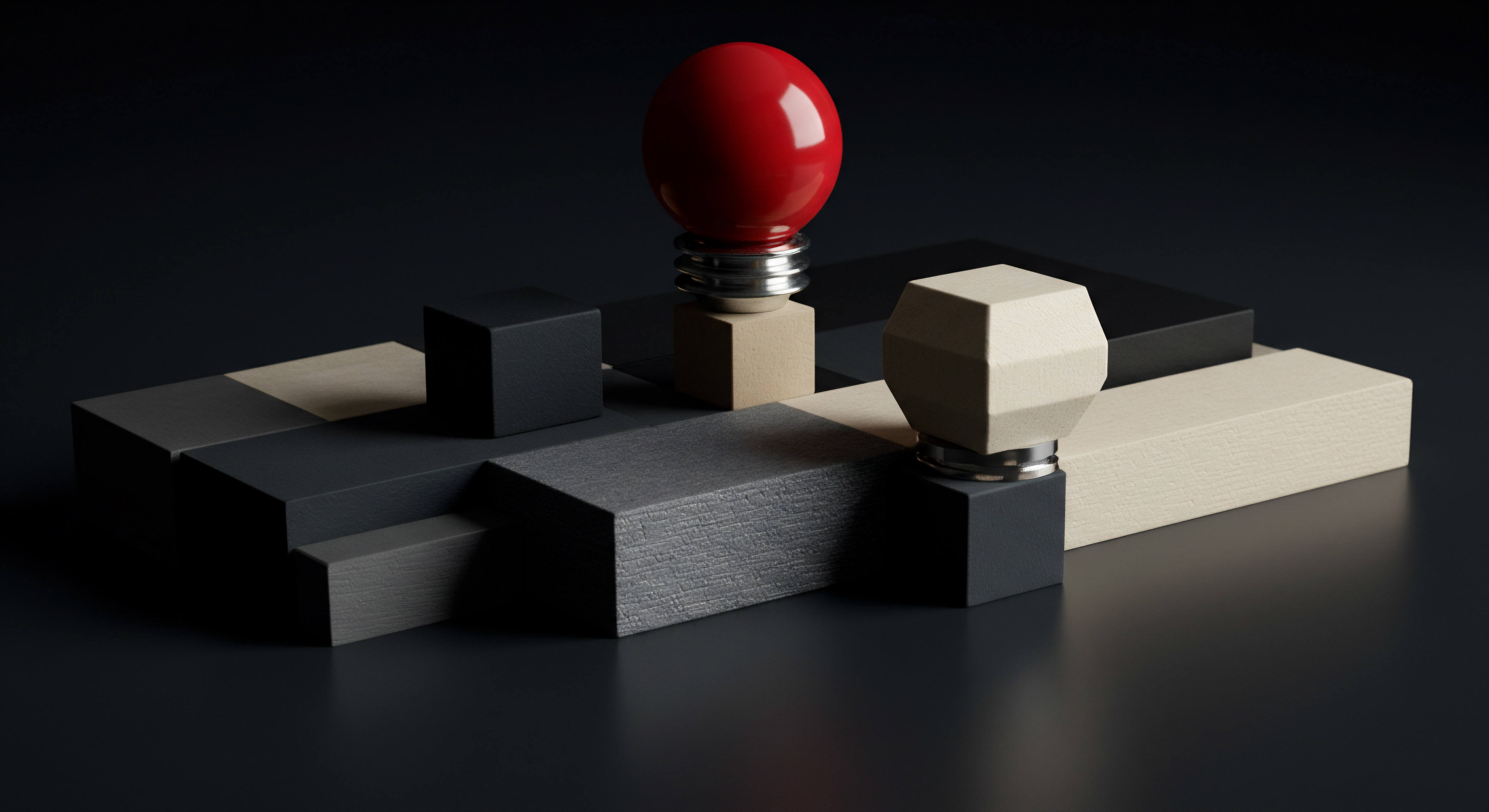 Abstract Geometric Arrangement Illustrating Small Business Scaling with Business Automation A compelling collection of geometric shapes, showcasing a Business planning. With a shiny red sphere perched atop a pedestal. Symbolizing the journey of Small Business and their Growth through Digital Transformation and Strategic Planning.