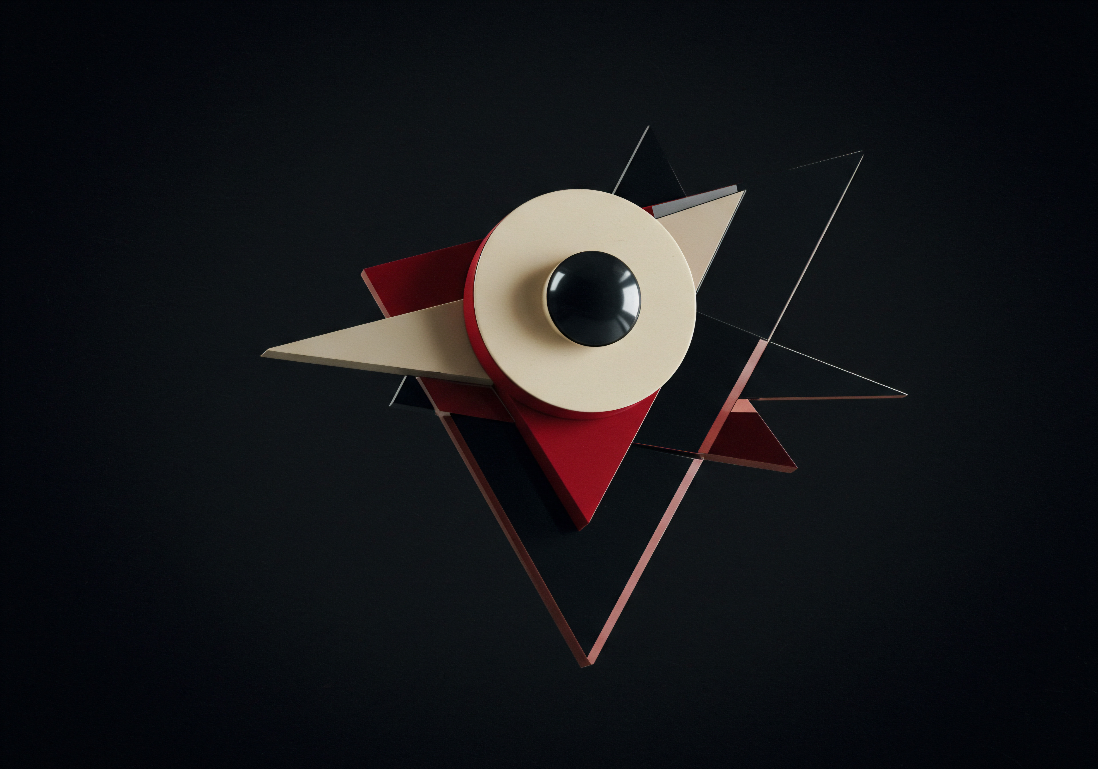 Abstract Geometric Business Composition Idea Generation Strategy Small Medium Business Concepts This abstract business composition features geometric shapes that evoke a sense of modern enterprise and innovation, portraying visual elements suggestive of strategic business concepts in a small to medium business. A beige circle containing a black sphere sits atop layered red beige and black triangles. These shapes convey foundational planning growth strategy scaling and development for entrepreneurs and local business owners.