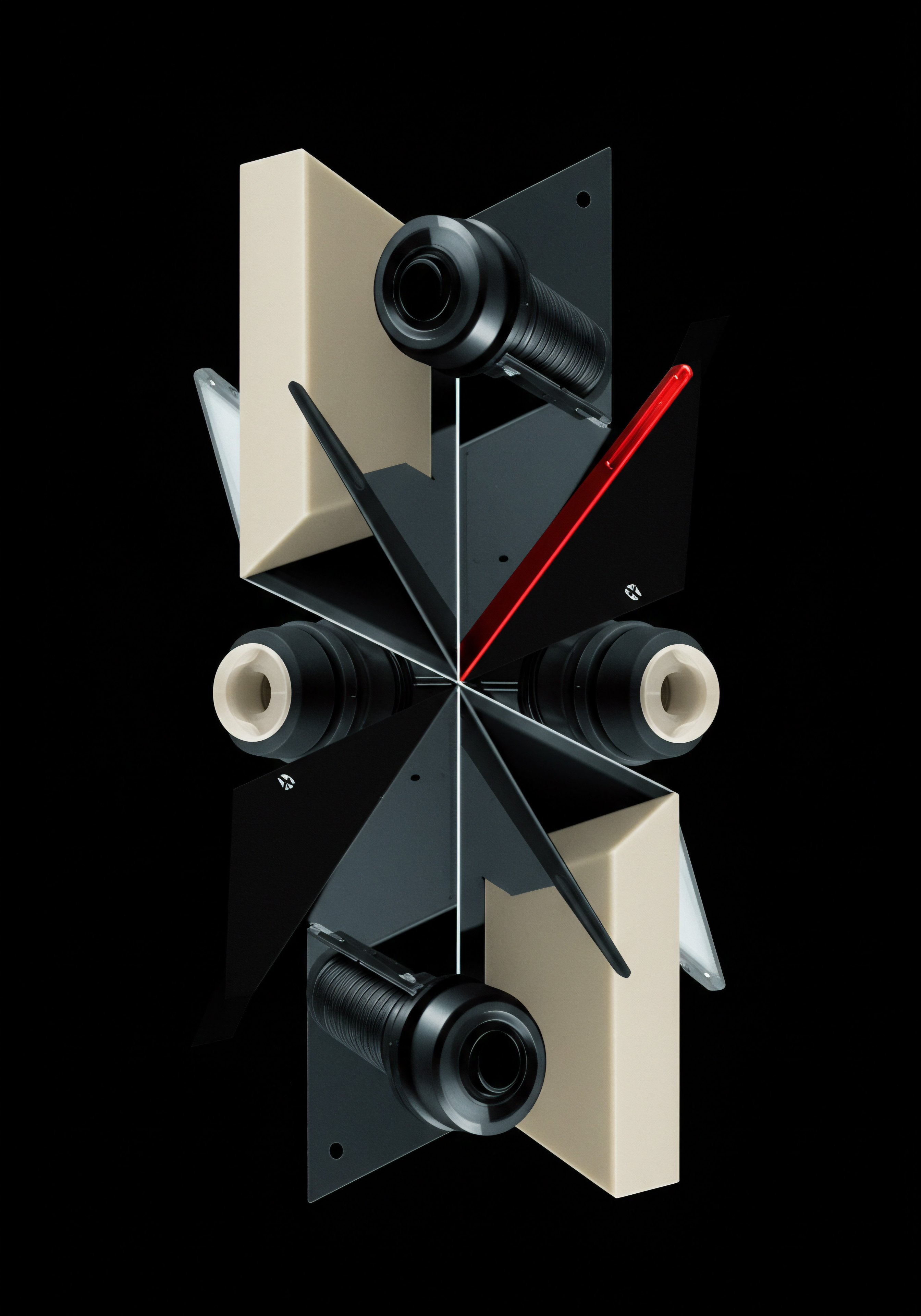 Abstract Geometric Composition Representing Small Medium Business Scaling and Automation The image presents a modern abstract representation of a strategic vision for Small Business, employing geometric elements to symbolize concepts such as automation and Scaling business. The central symmetry suggests balance and planning, integral for strategic planning. Cylindrical structures alongside triangular plates hint at Digital Tools deployment, potentially Customer Relationship Management or Software Solutions improving client interactions.
