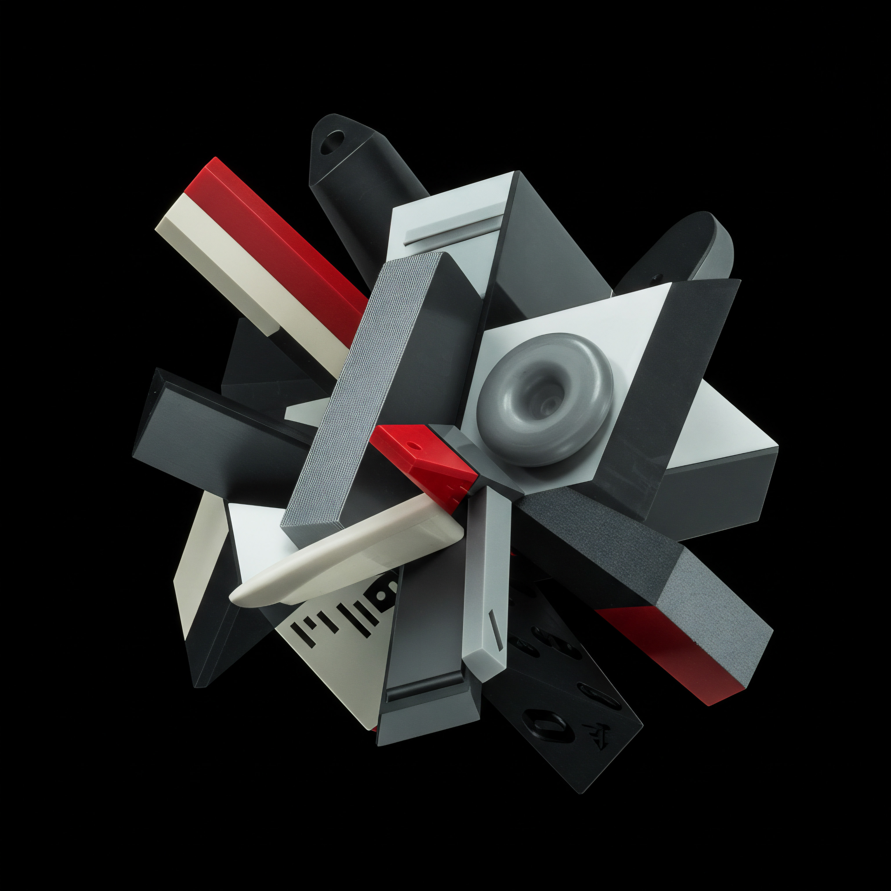 Abstract Geometric Design Demonstrating Scaling Success for SMB Automation and Implementation Against a solid black backdrop, an assortment of geometric forms in diverse textures, from smooth whites and grays to textured dark shades and hints of red. This scene signifies Business Development, and streamlined processes that benefit the expansion of a Local Business. It signifies a Startup journey or existing Company adapting Technology such as CRM, AI, Cloud Computing.