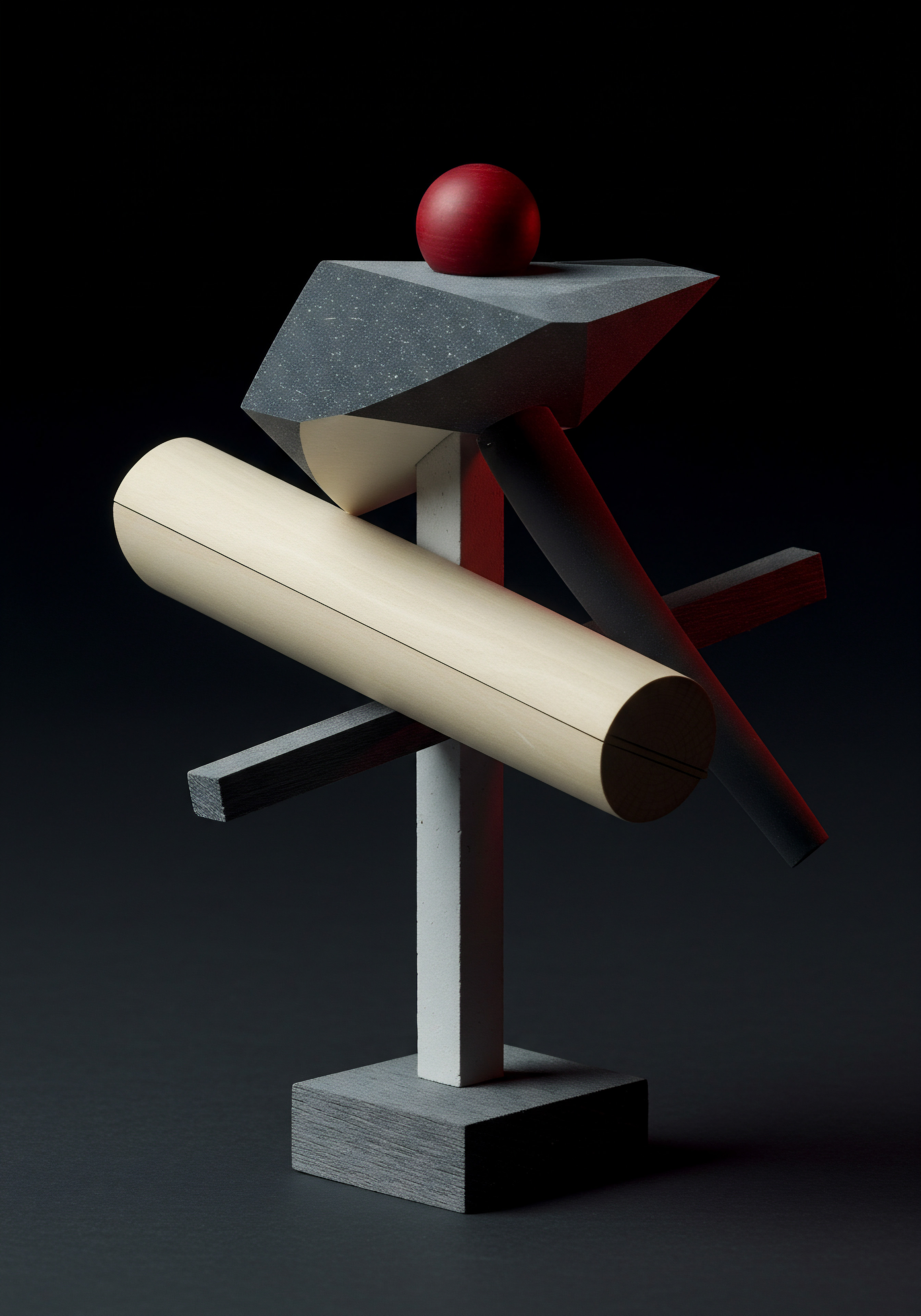 Abstract Geometric Forms Representing Scale Strategy and SMB Business Growth Geometric forms create an abstract representation of the small and medium business scale strategy and growth mindset. A red sphere, a grey polyhedron, a light cylinder, and a dark rectangle build a sculpture resting on a stable platform representing organizational goals, performance metrics and a solid foundation. The design embodies concepts like scaling business, workflow optimization, and digital transformation with the help of digital tools and innovation leading to financial success and economic development.