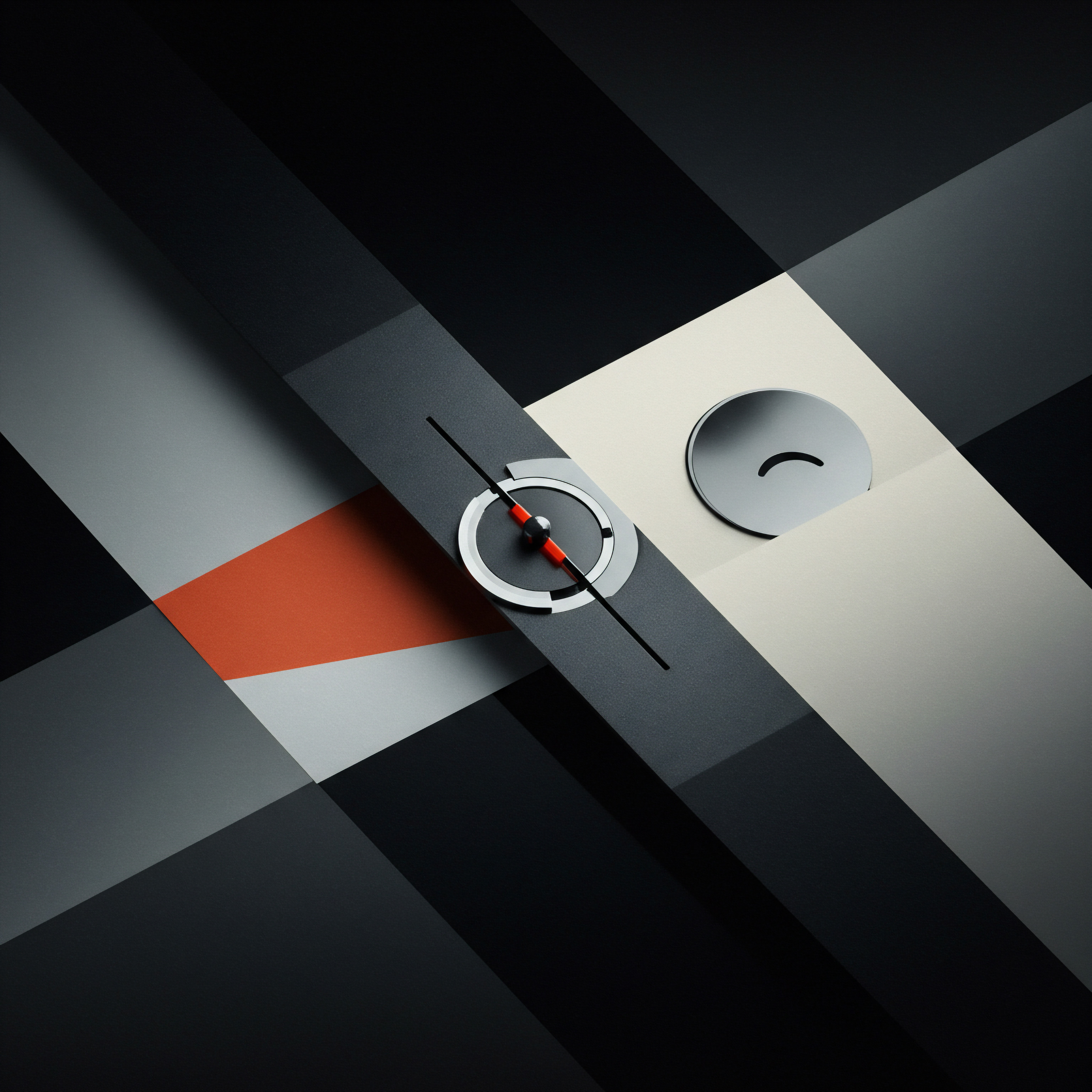Abstract Geometric Illustration Reflecting Small Business Growth Automation and Business System Implementation The striking composition is an arrangement of flat geometric components featuring grayscale tones accented by a muted orange adding a subtle hint of warmth. In the center lies a compass like element with precise black markers and a curved metal form. Nearby a disc with an arc carved within creates a face without smile expressing neutrality.