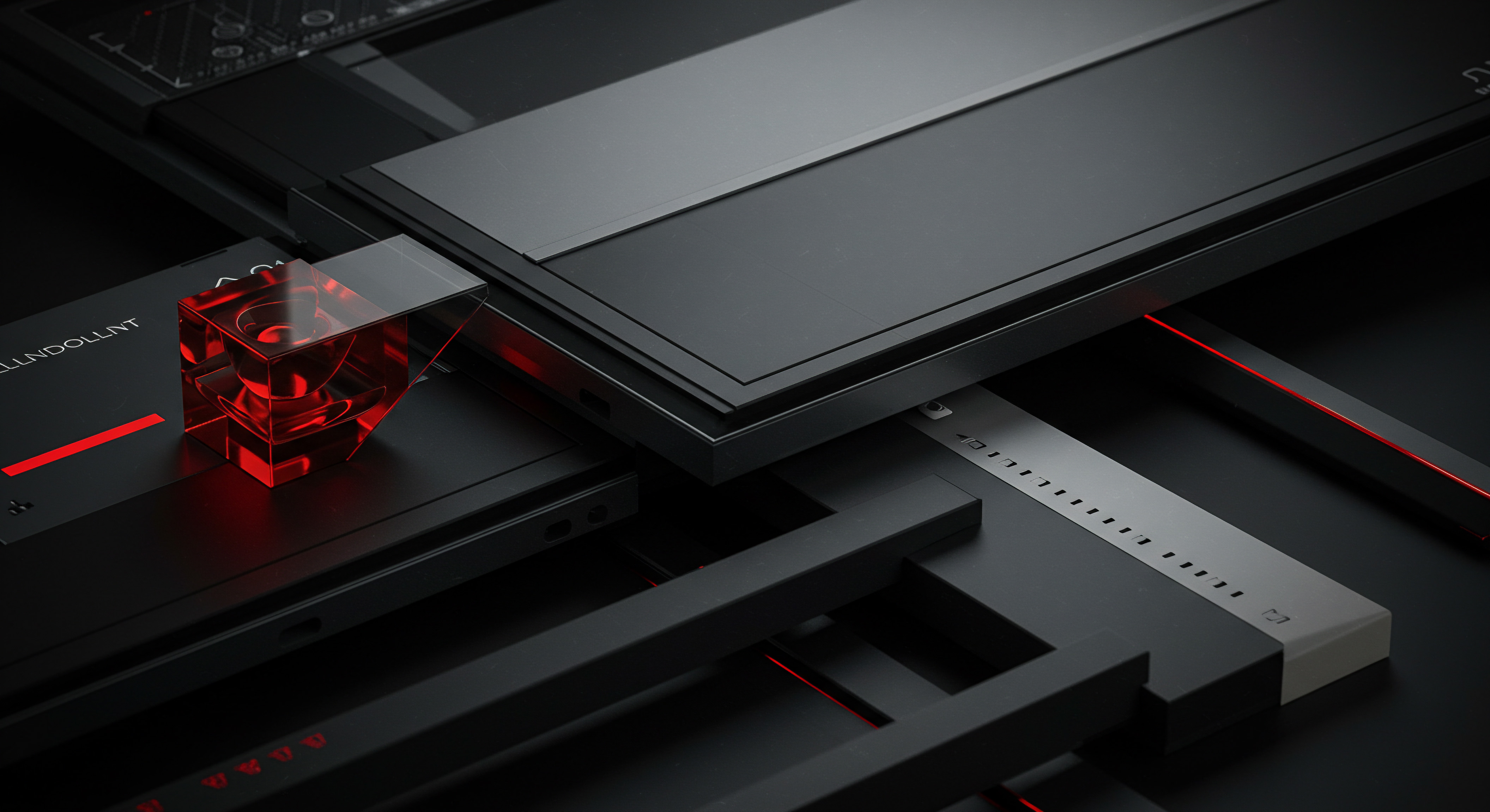The composition showcases a collection of meticulously arranged, predominantly black, geometric shapes and structures against a dark background, creating a futuristic and technological atmosphere. A transparent red cube stands out, containing a subtle cup shape inside, serving as a focal point symbolizing clarity and innovation. Silver accents with small rectangular details add complexity and a sense of precision. This imagery may speak to modern office setups for business owners focusing on process automation with data insights. Intended target businesses are small businesses SMBs leveraging online business platforms and streamlining operations. It alludes to scalable SaaS software solutions utilized within a coworking environment by an agency or enterprise, creating improvements through digital transformation. These strategic solutions are crucial to marketing efforts.