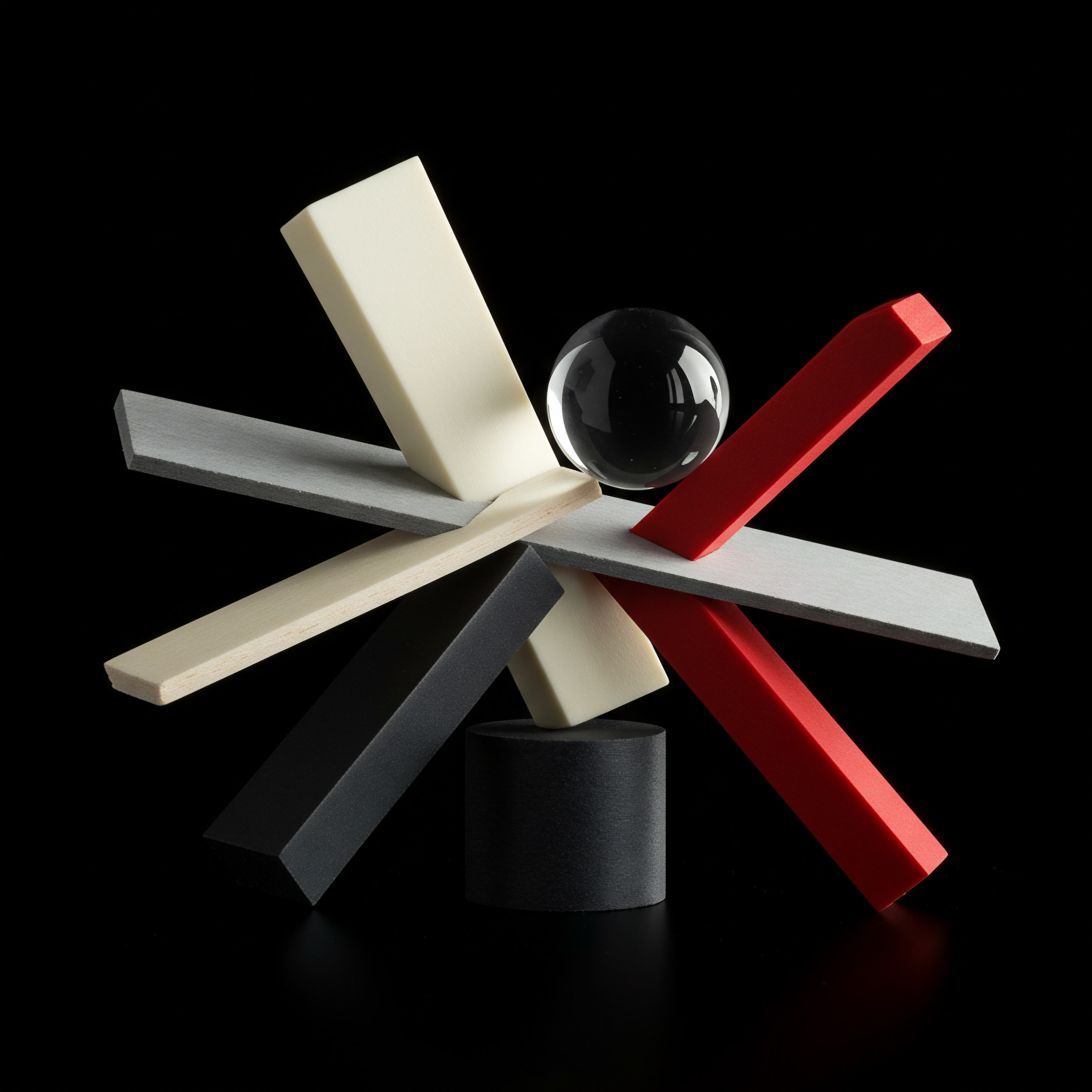 Abstract Geometric Wooden Blocks Balanced Supporting Clear Sphere SMB Growth Vision Wooden blocks balance a sphere in an abstract representation of SMB dynamics emphasizing growth, scaling and innovation within the marketplace. A color scheme of black, gray, white, and red highlights strategic planning and digital transformation of organizations. Blocks show project management driving operational efficiency using teamwork for scaling.