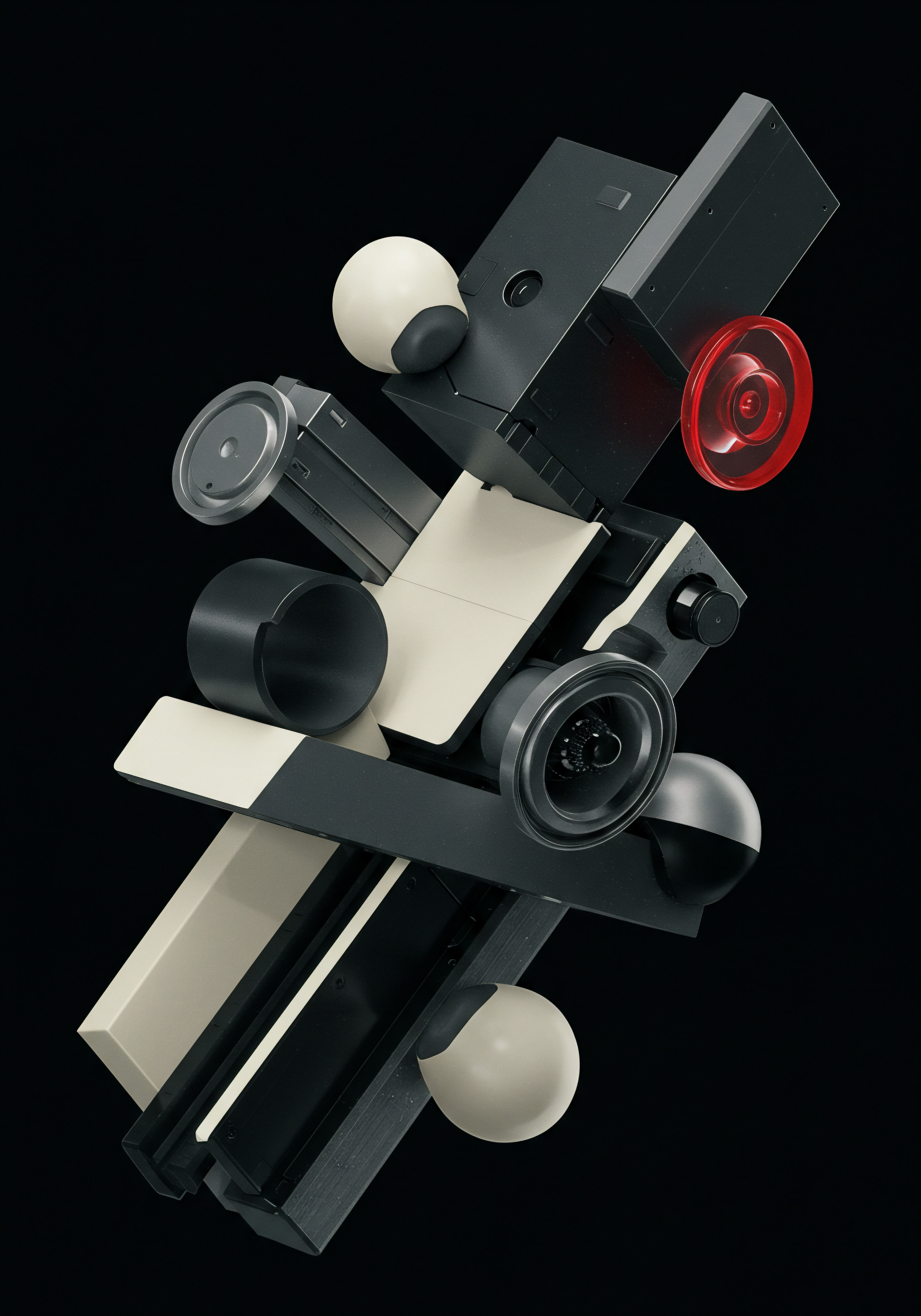 Abstract Growth Building Blocks Business Scaling Strategy for Small Medium Businesses Against a black backdrop, this composition of geometric shapes in black, white, and red, conveys a business message that is an explosion of interconnected building blocks. It mirrors different departments within a small medium business. Spheres and cylinders combine with rectangular shapes that convey streamlined process and digital transformation crucial for future growth.