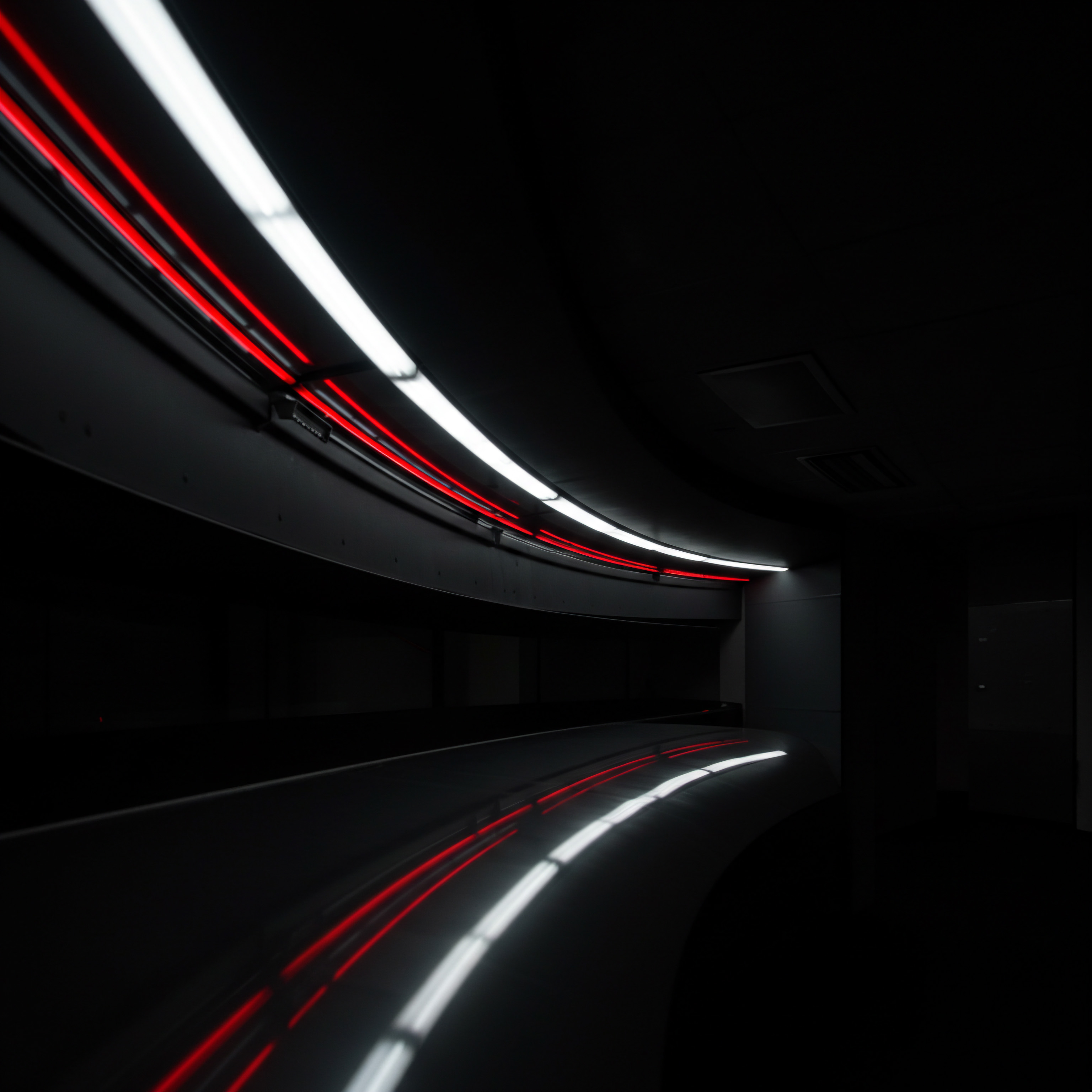 Abstract Modern Business Corridor Lighting Reflecting Innovation in SMB Operations This image conveys Innovation and Transformation for any sized Business within a technological context. Striking red and white lights illuminate the scene and reflect off of smooth, dark walls suggesting Efficiency, Productivity and the scaling process that a Small Business can expect as they expand into new Markets. Visual cues related to Strategy and Planning, process Automation and Workplace Optimization provide an illustration of future Opportunity for Start-ups and other Entrepreneurs within this Digital Transformation.