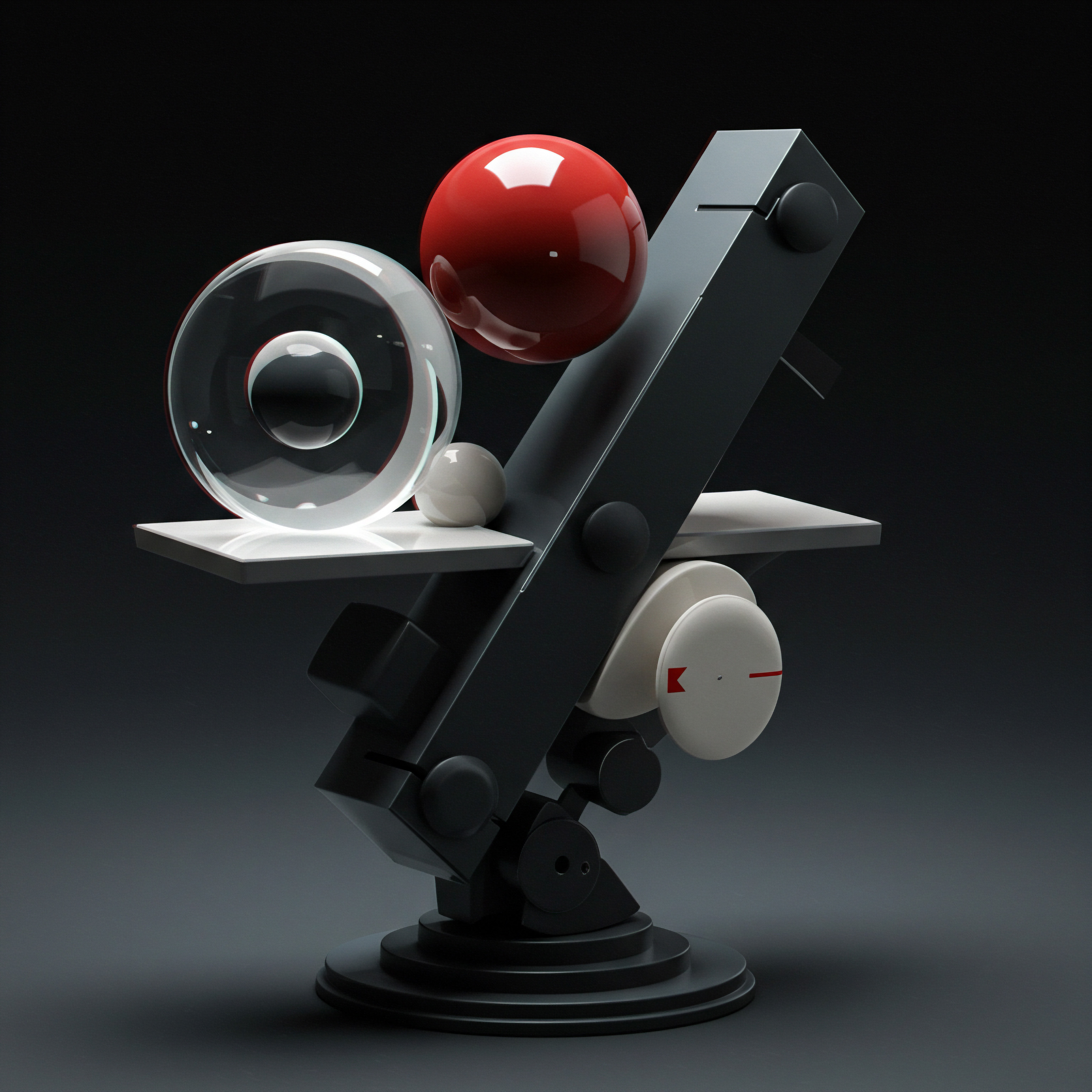 Abstract Modern Technology Sculpture Symbolizing Small Medium Business Growth and Automation A carefully balanced arrangement portrays the dynamism of growing Small Business entities through scaling automation, emphasizing innovative solutions for marketplace competitiveness. The modern composition features contrasting materials of opaque gray and translucent glass, reflecting the need for data-driven business transformation using cloud solutions in competitive advantages. The gray stand indicates planning in business, whilst a dash of red injects a sense of urgency.