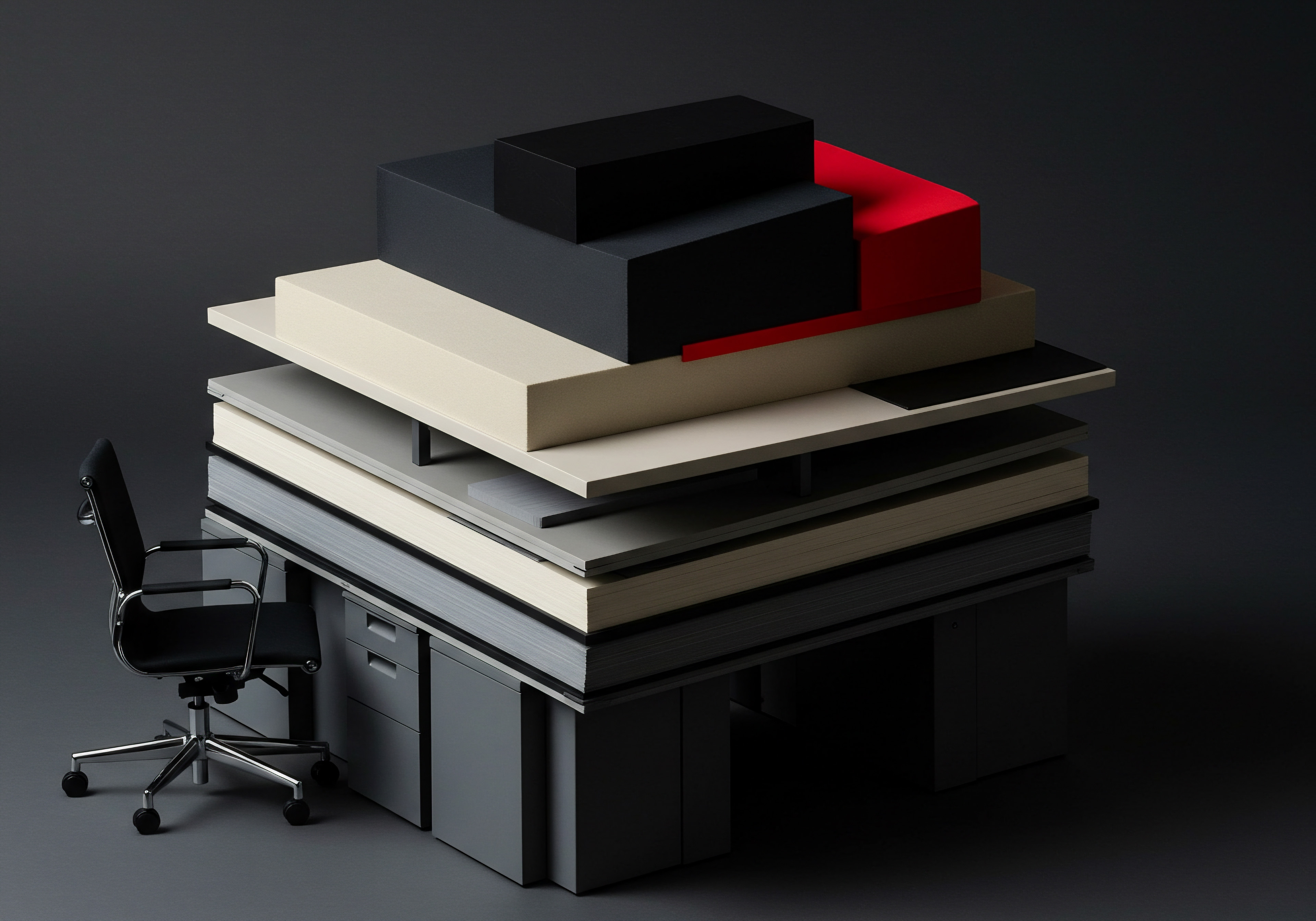 Abstract Office Desk Organization Reflecting SMB Growth Automation and Efficiency for Business Strategy This image embodies a reimagined workspace, depicting a deconstructed desk symbolizing the journey of small and medium businesses embracing digital transformation and automation. Stacked layers signify streamlined processes and data analytics driving business intelligence with digital tools and cloud solutions. The color palette creates contrast through planning marketing and growth strategy with the core value being optimized scaling strategy with performance and achievement.