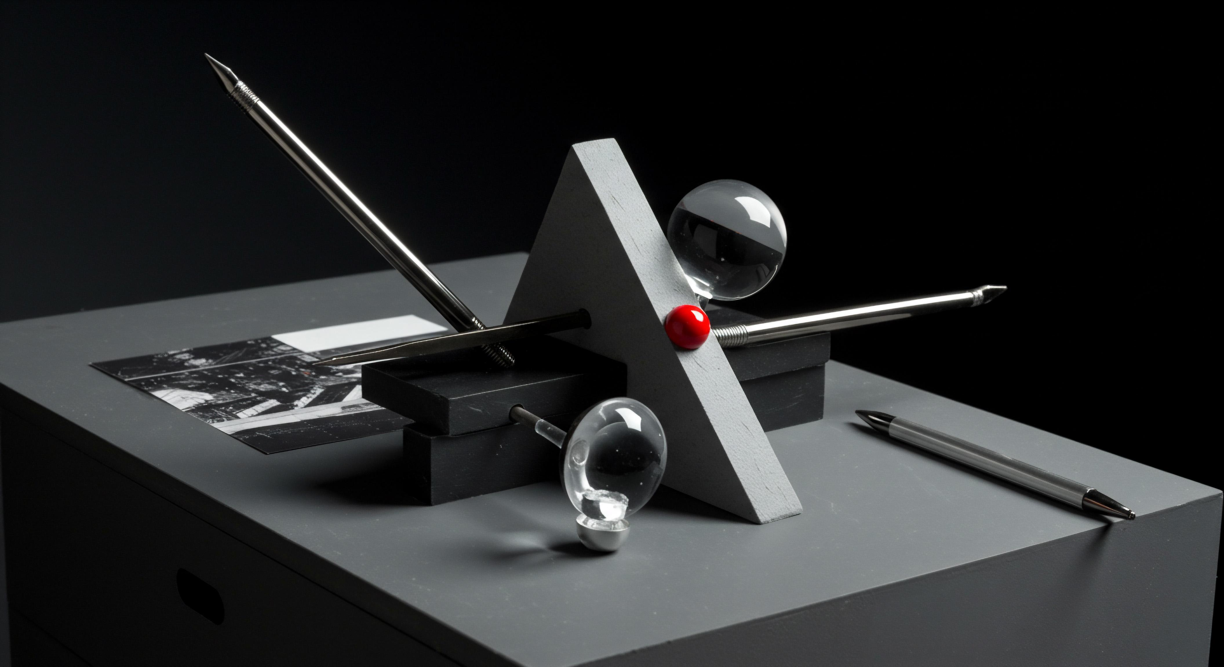 Abstract Office Desk Still Life Symbolizing Business Scaling Growth Strategy and Modern Automation This visually engaging scene presents an abstract workspace tableau focused on Business Owners aspiring to expand. Silver pens pierce a gray triangle representing leadership navigating innovation strategy. Clear and red spheres signify transparency and goal achievements in a digital marketing plan.