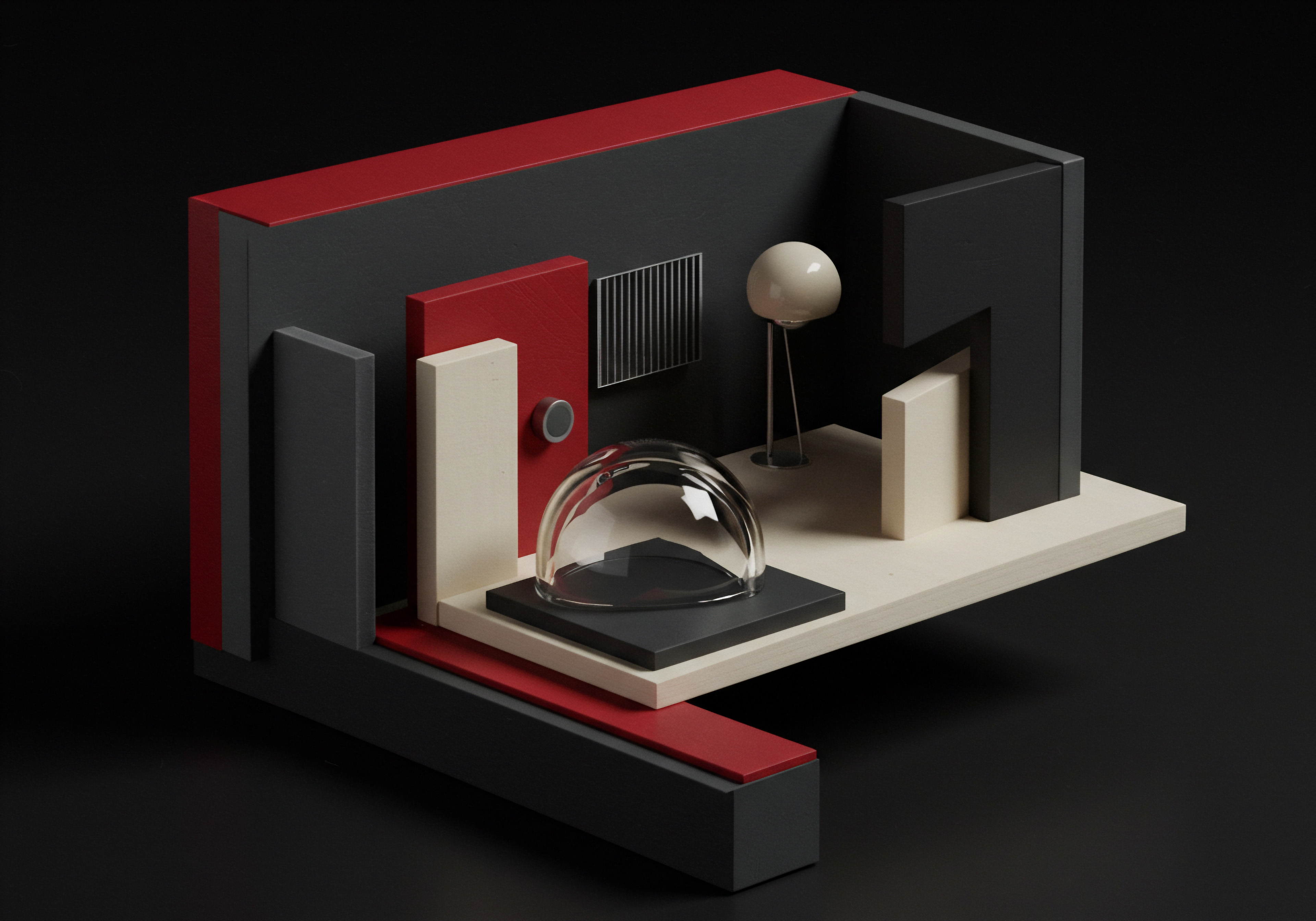 Abstract SMB Business Environment Concept Geometric Design Automation Implementation Strategy From an eye-level view an organized arrangement is rendered, depicting a red, gray, beige and black, structured composition to mirror that of a modern Small Business environment. A geometric translucent dome suggests innovation and protected environment, resting above a black base akin to a Startup nested within clear boundaries. A reflective metal grille and modern globe lamp symbolize technology and ideas, crucial in modern workplaces.
