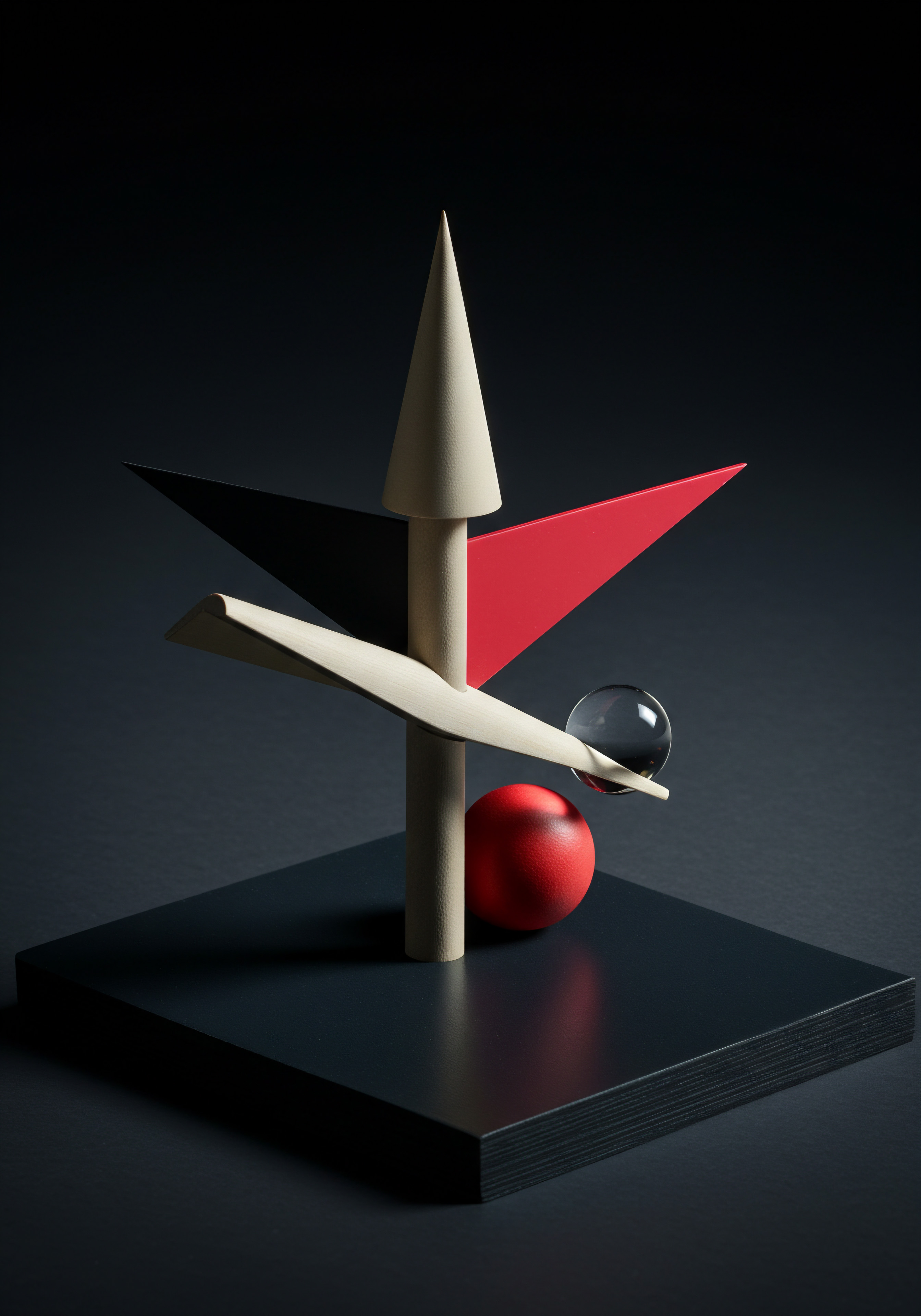 Abstract SMB Scale Up Visual A Composition of Shapes Strategy A stylized assembly showcases business progress through balanced shapes and stark colors. A tall cylindrical figure, surmounted by a cone, crosses a light hued bridge above a crimson sphere and clear marble suggesting opportunities for strategic solutions in the service sector. Black and red triangles bisect the vertical piece creating a unique visual network, each representing Business Planning.
