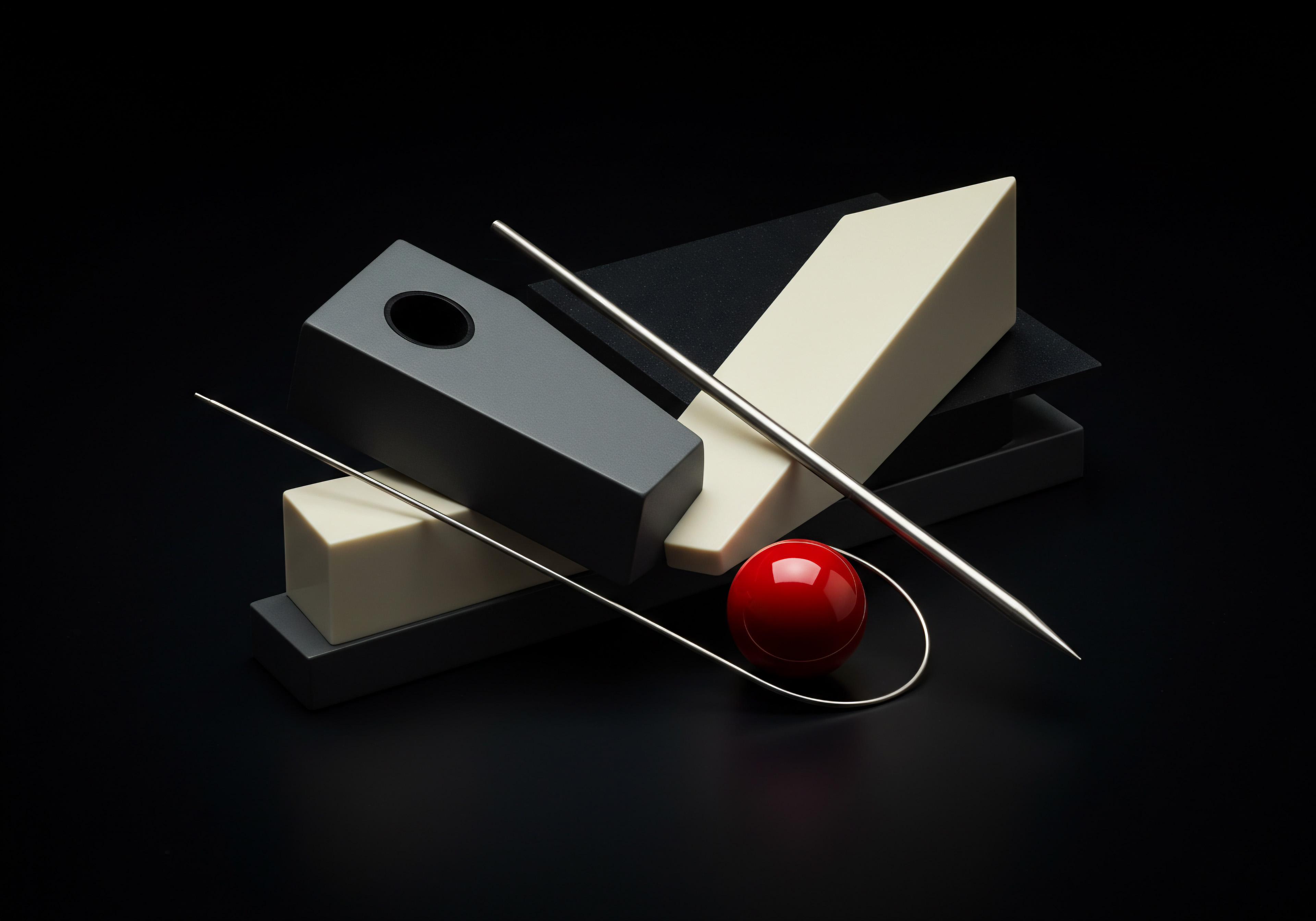 Abstract Still Life Geometric Shapes Business Concepts of Growth and Success An arrangement with diverse geometric figures displayed on a dark reflective surface embodies success and potential within a Startup or SMB firm. The gray geometric shapes mirror dependable enterprise resources and sound operational efficiency. The sharp and clean metal sticks point toward achievable goals through marketing and business development.