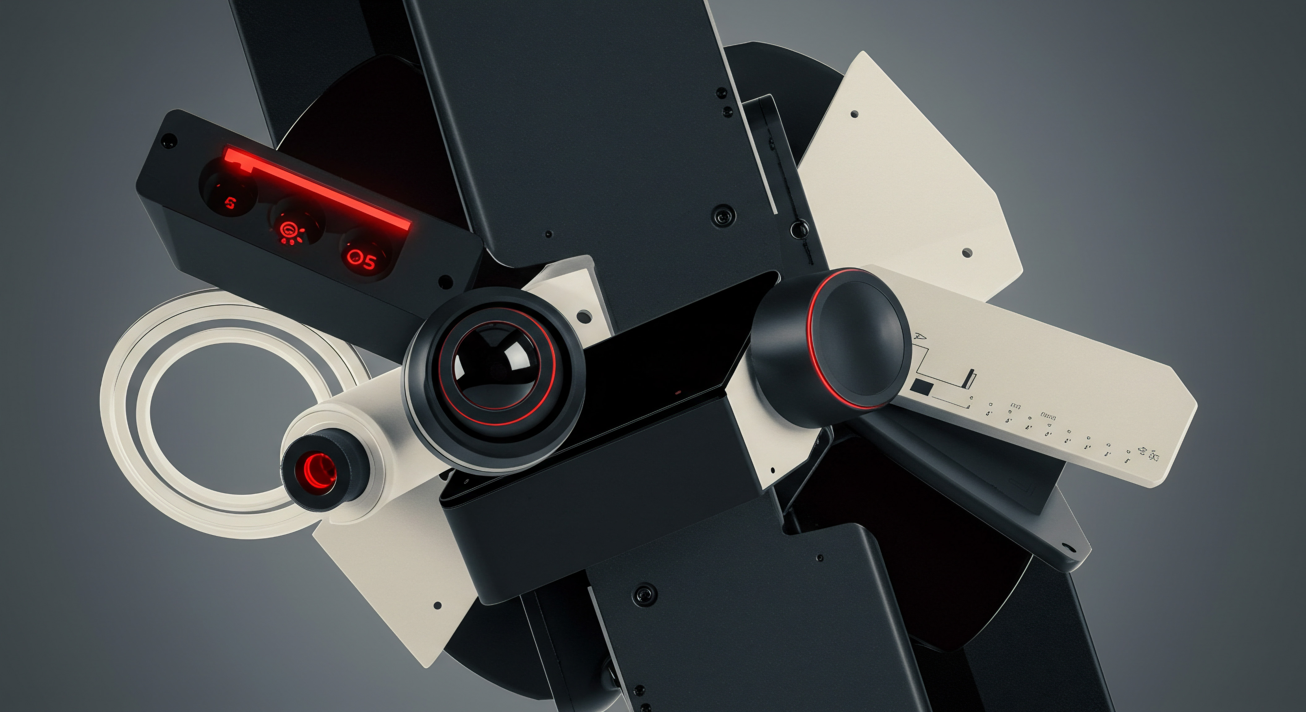 A collection of seemingly unrelated tech components form a futuristic arrangement representing modern business challenges and solutions. Dark grey panels interspersed with cream colored planes illustrate complex planning stages with strategic innovation for any Startup. Central to the composition, sleek black technology evokes Business IntelligenceBI automation and AI solutions to help organizations scale for increased revenue, and improving operational efficiency. Key indicators represented by glowing circles denote successful automation implementation. Data from marketing and sales operations flow seamlessly due to efficient workflow, streamlining Business Owner's productivity. Technology drives this vision by providing streamlined operational excellence while creating positive team environment across any Company size promoting growth through digital strategy. The image hints that through the help of data analytics dashboards, organizations build their competitive advantage within this business development framework.