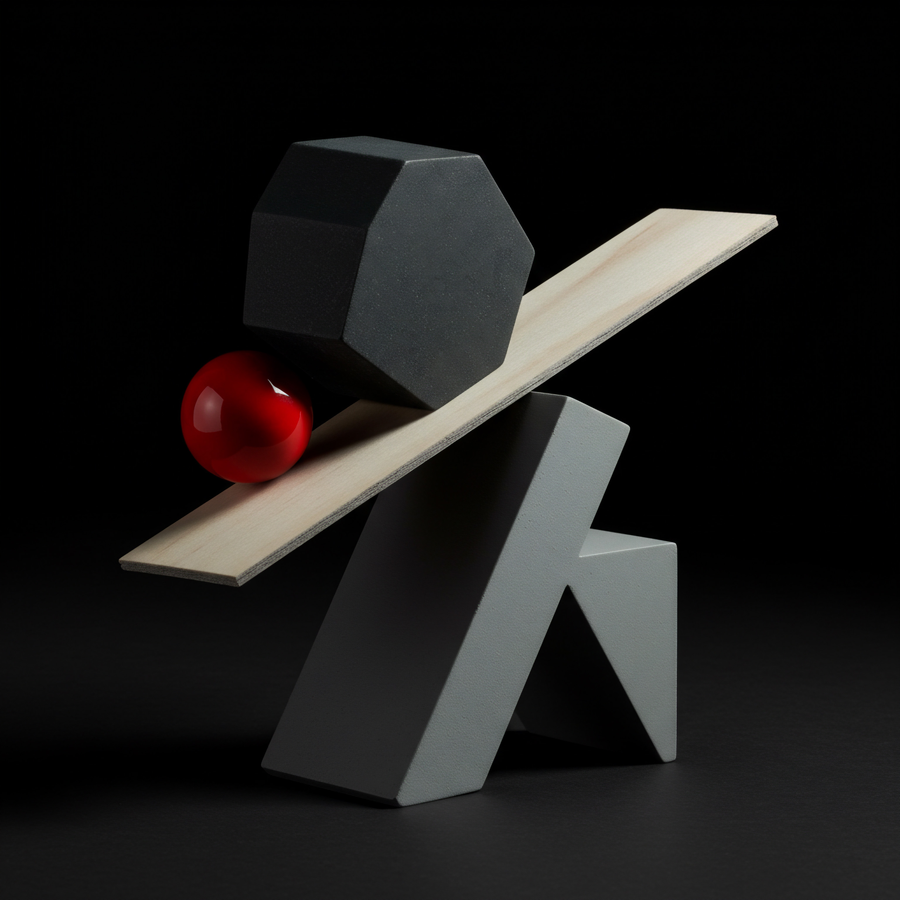 Artistic Still Life of Balancing Shapes Conceptual Small Business Scale Up The image encapsulates small business owners' strategic ambition to scale through a visually balanced arrangement of geometric shapes, underscoring digital tools. Resting in a strategic position is a light wood plank, which is held by a geometrically built gray support suggesting leadership, balance, stability for business growth. It embodies project management with automated solutions leading to streamlined process.
