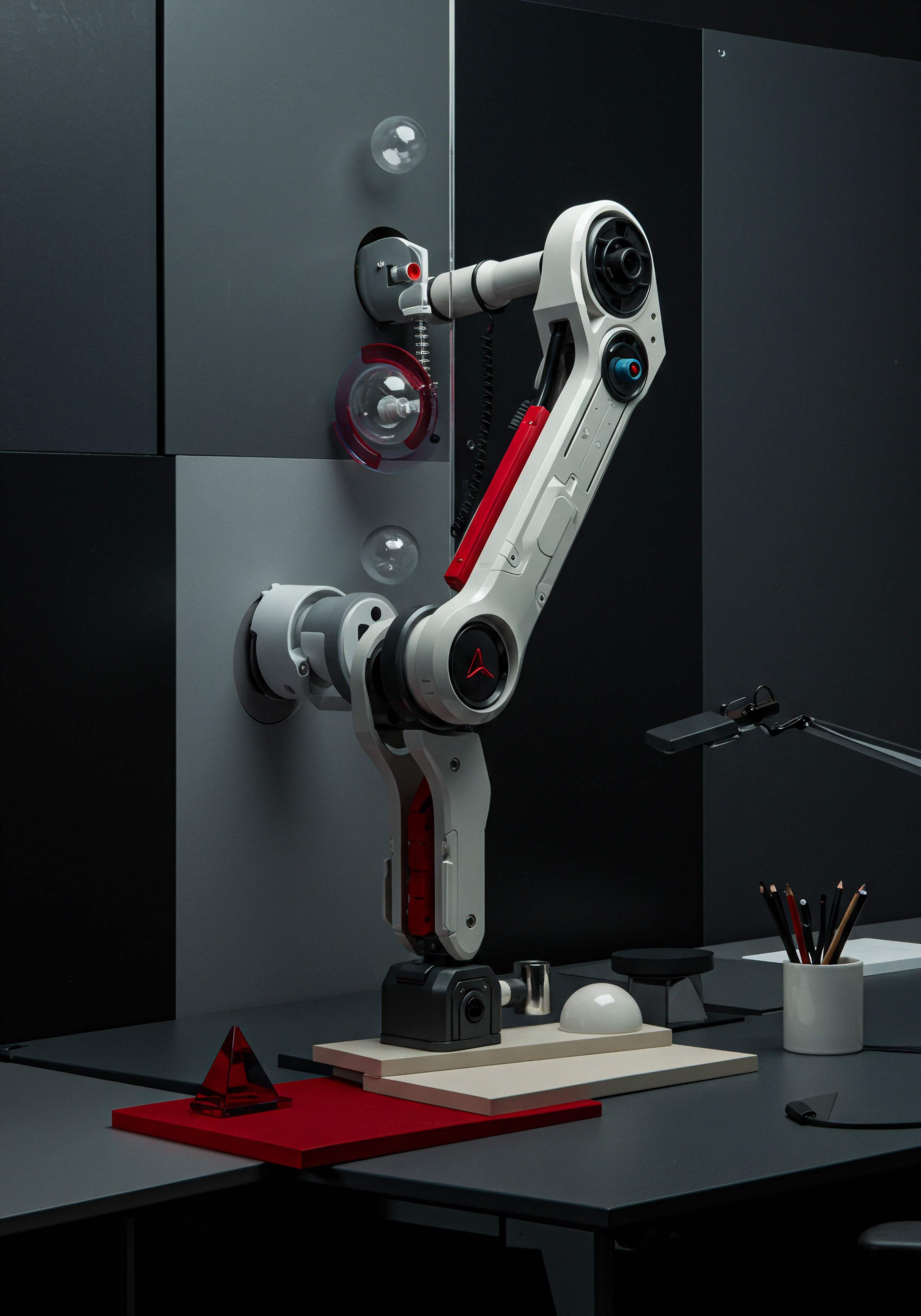 Automation Implementation a Robot Arm in an Office for SMB Business Success This stylized office showcases a cutting-edge robotic arm installed within a modern space, emphasizing the role of technology in scaling Small Business and Medium Business through automated solutions. The setting integrates several geometrical shapes, a cup of utensils, suggesting a hub for innovation and problem-solving. This highlights automation strategies and software solutions critical for Entrepreneurs aiming to enhance operational efficiency for the Team to maximize results.