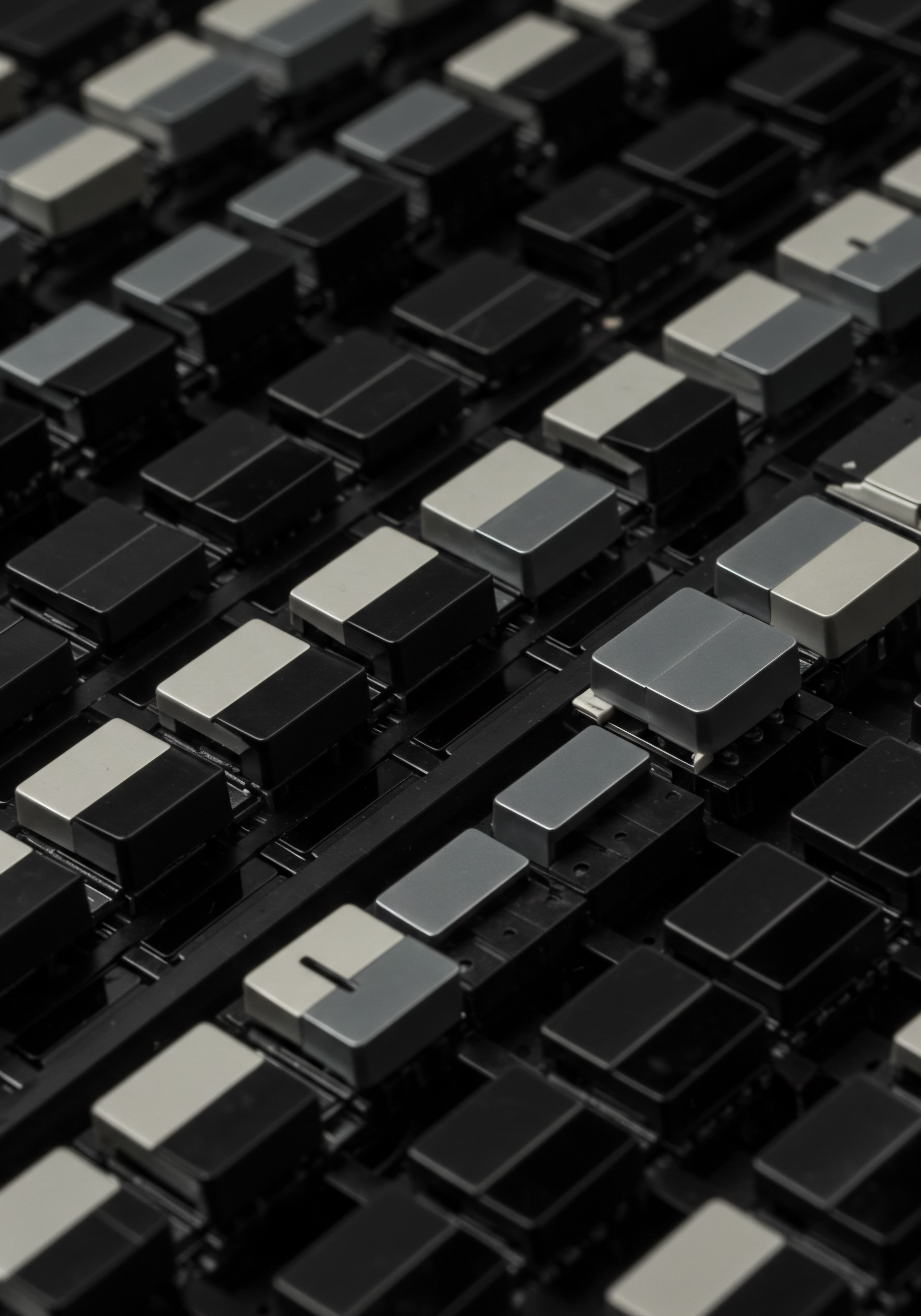 Multiple black and silver half-keyed buttons present the idea of organization and structure for scaling within a medium business that allows for a strong automation culture. This reflects how modern businesses implement technology and digital tools for improving operational efficiency and supporting their growth strategy. The orderly arrangement symbolizes streamlined processes and workflows achieved through automation software and digital transformation. The colors evoke professionalism and forward thinking management and innovative solutions, enabling businesses to enhance employee satisfaction, achieve competitive advantage, optimize scaling, boost productivity, optimize resource use, and grow market share through effective leadership and financial planning, leading to increased sales, revenue, and ultimately, profit.