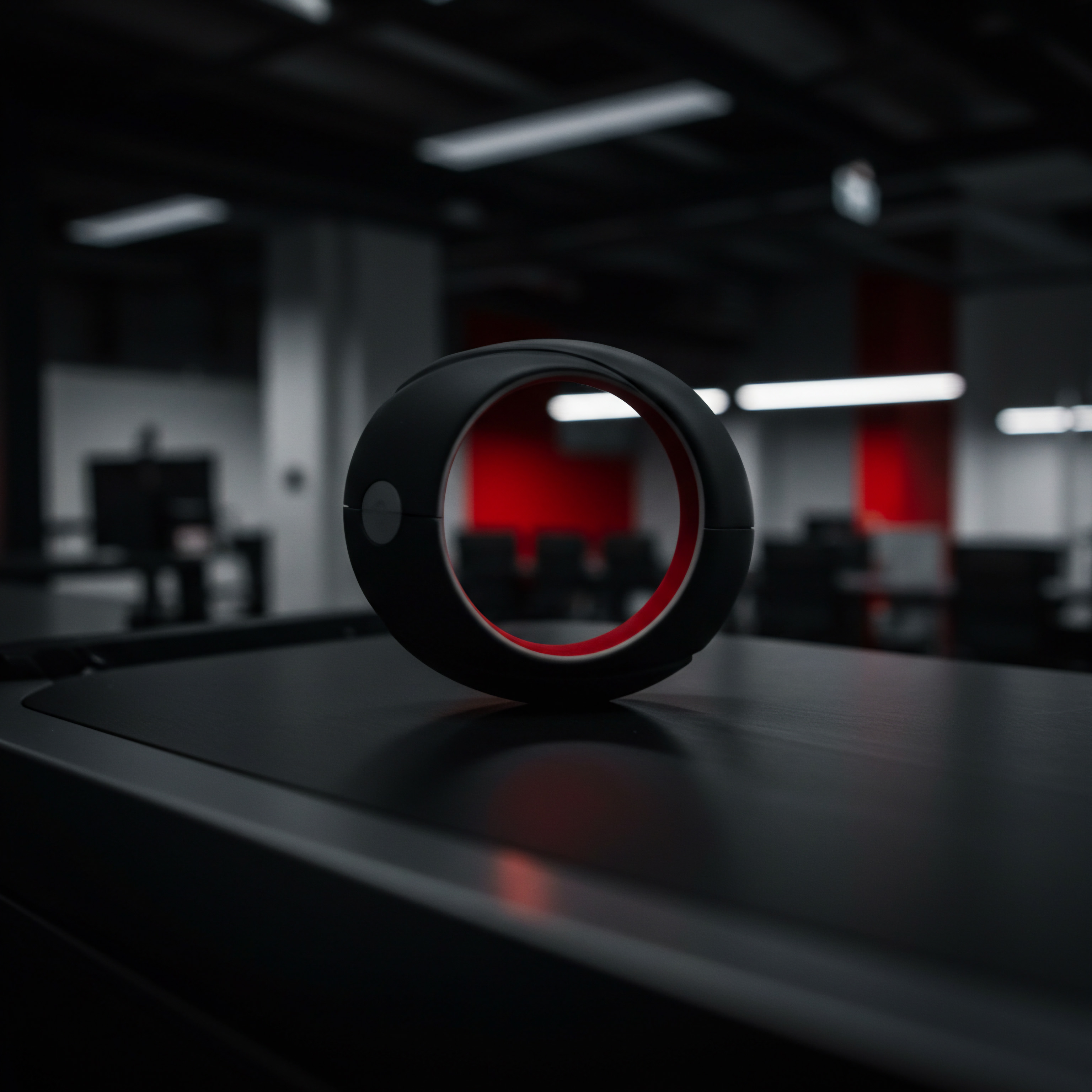 A contemporary object sits on a sleek, dark surface, embodying concepts applicable to small business strategy. The smooth ring structure invokes seamless workflow automation and digital transformation which increases efficiency, the foundation of small and medium business scale strategy. Inside the central void suggests opportunity, potential and business development for the startup and entrepreneur. Red accents hint at passion and drive for revenue, sales growth, and competitive advantage in a marketplace. The clean lines and focus of innovation exemplify growth and business goals for enterprises using digital tools and business technology. Light reflecting suggests modern optimistic corporate culture driving scalability of services, improving time management in human resources and data analytics, and automation to build sustainable business practices.