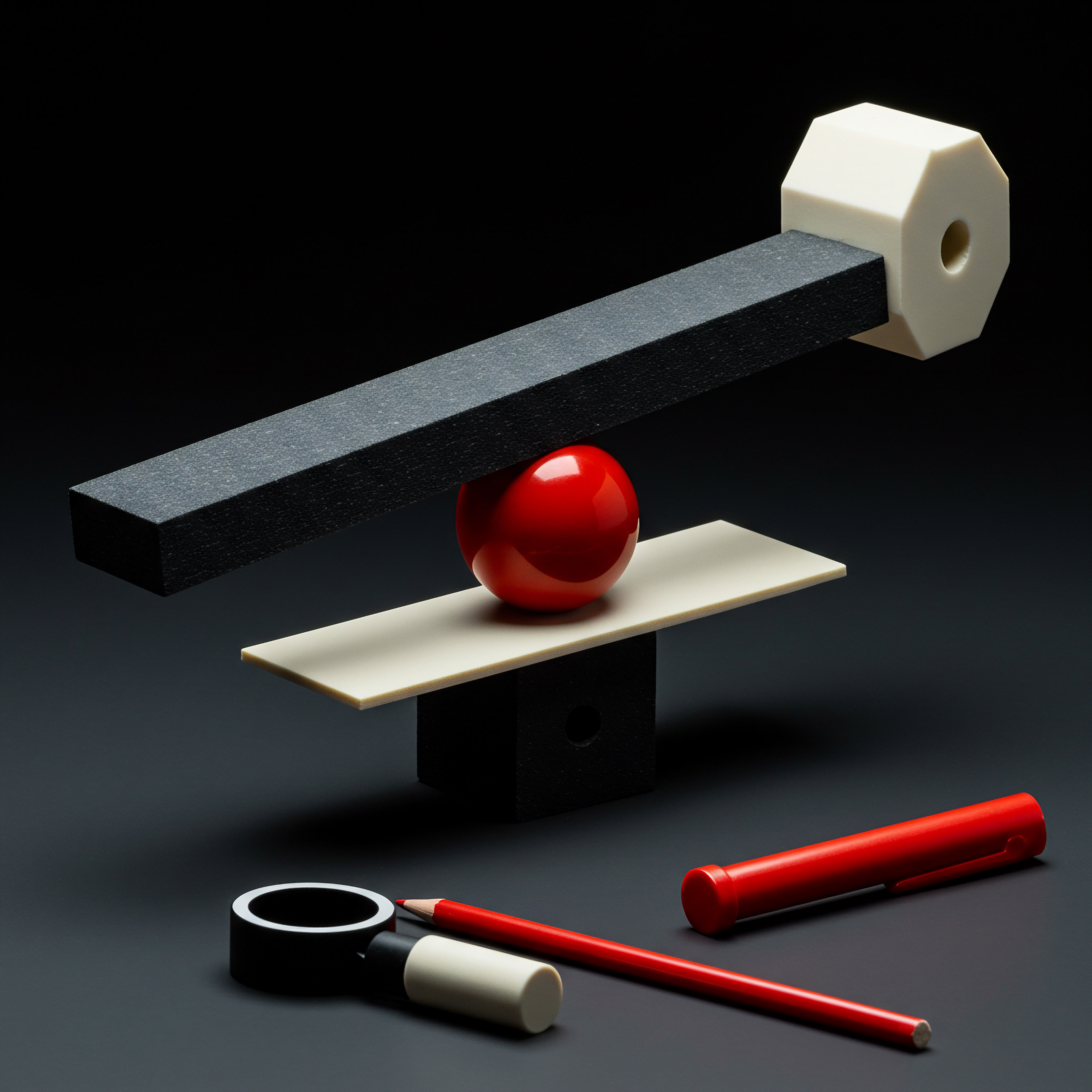 Balancing Growth Strategy Automation and Problem Solving in Small Business Enterprise The still life symbolizes the balance act entrepreneurs face when scaling their small to medium businesses. The balancing of geometric shapes, set against a dark background, underlines a business owner's daily challenge of keeping aspects of the business afloat using business software for automation. Strategic leadership and innovative solutions with cloud computing support performance are keys to streamlining operations.