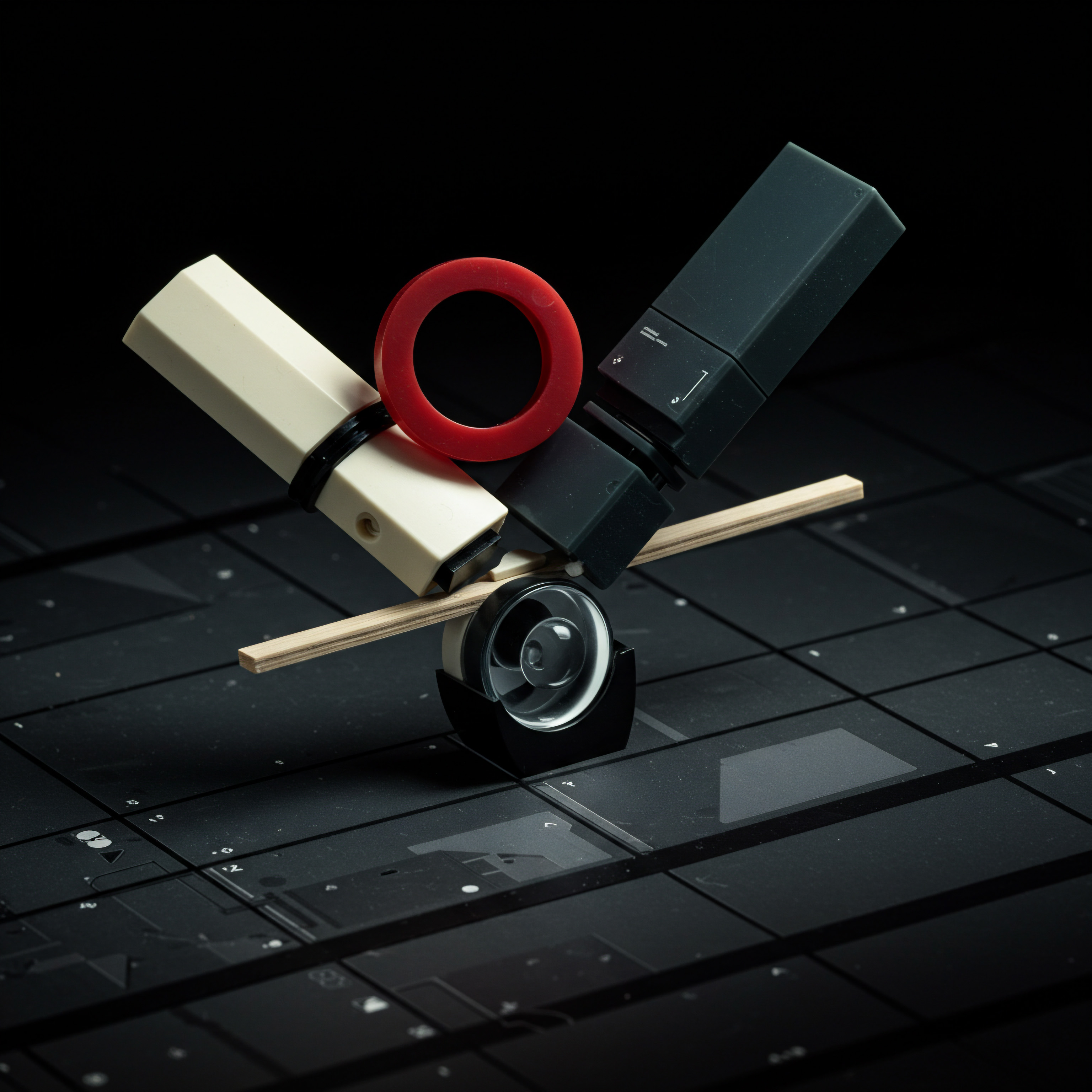 A delicately balanced arrangement symbolizes the careful strategy needed to achieve success. A neutral building block and black building block, balanced on a wood stick, represent the balance in innovation and scaling a small business into a successful enterprise. A clear base signifies the importance of having a firm foundation for a startup to grow into a Medium Business. Red hoop accentuates the growth aspect with visual innovation. The digital grid beneath represents the digital transformation, planning, and analytics driving the achievement of targets, goals, and objectives, visualizing operational efficiency for Business Owners in the modern workplace utilizing software solutions for scaling their Business Development using Business Technology, improving marketing, sales, and customer service for a Scale Up.