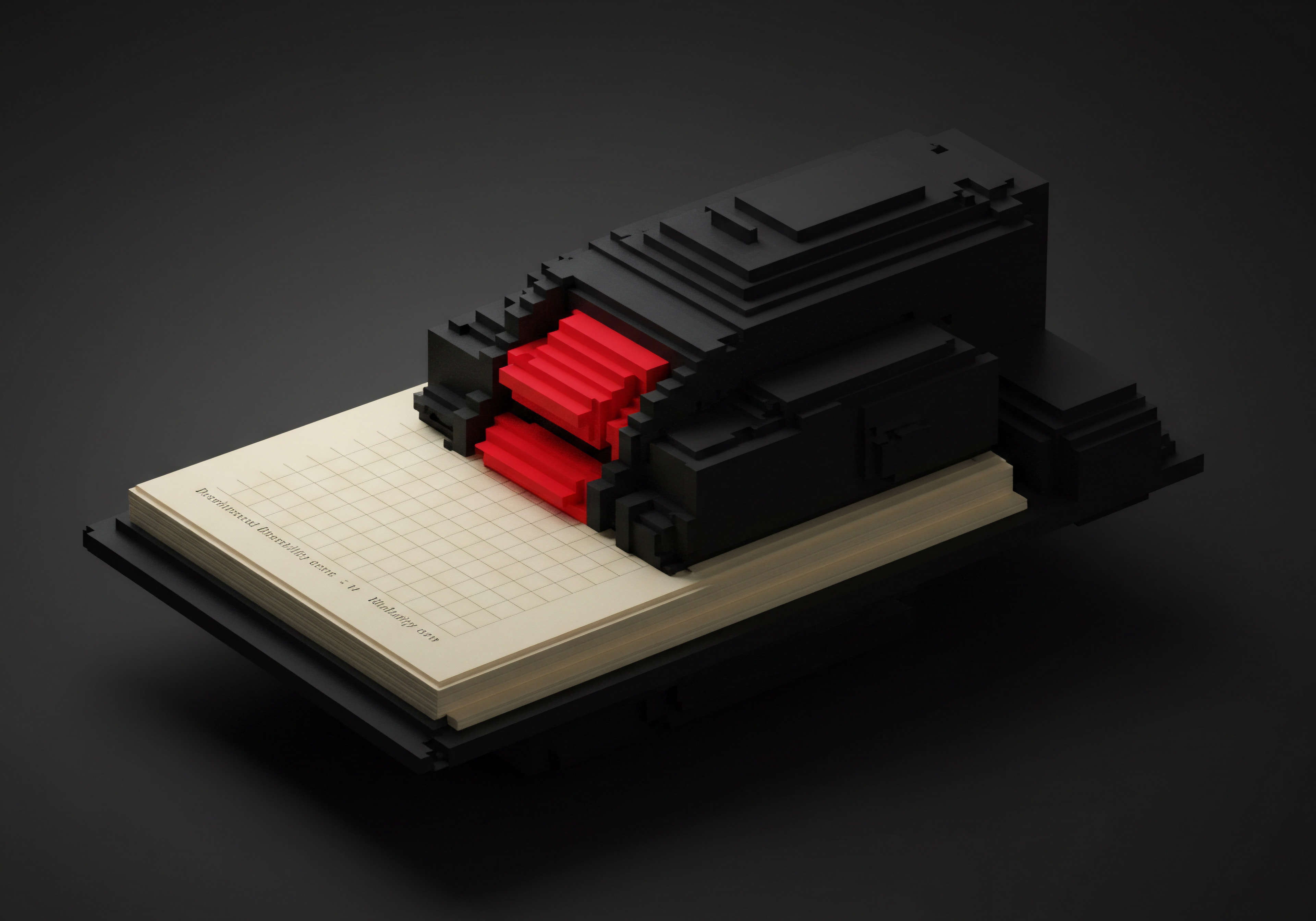 Business Automation Implementation on a Modern SMB Digital Technology Book Presentation In this voxel art representation, an opened ledger showcases an advanced automated implementation module. This automation system, constructed from dark block structures, presents optimized digital tools for innovation and efficiency. Red areas accent important technological points with scalable potential for startups or medium-sized business expansions, especially helpful in sectors focusing on consulting, manufacturing, and SaaS implementations.