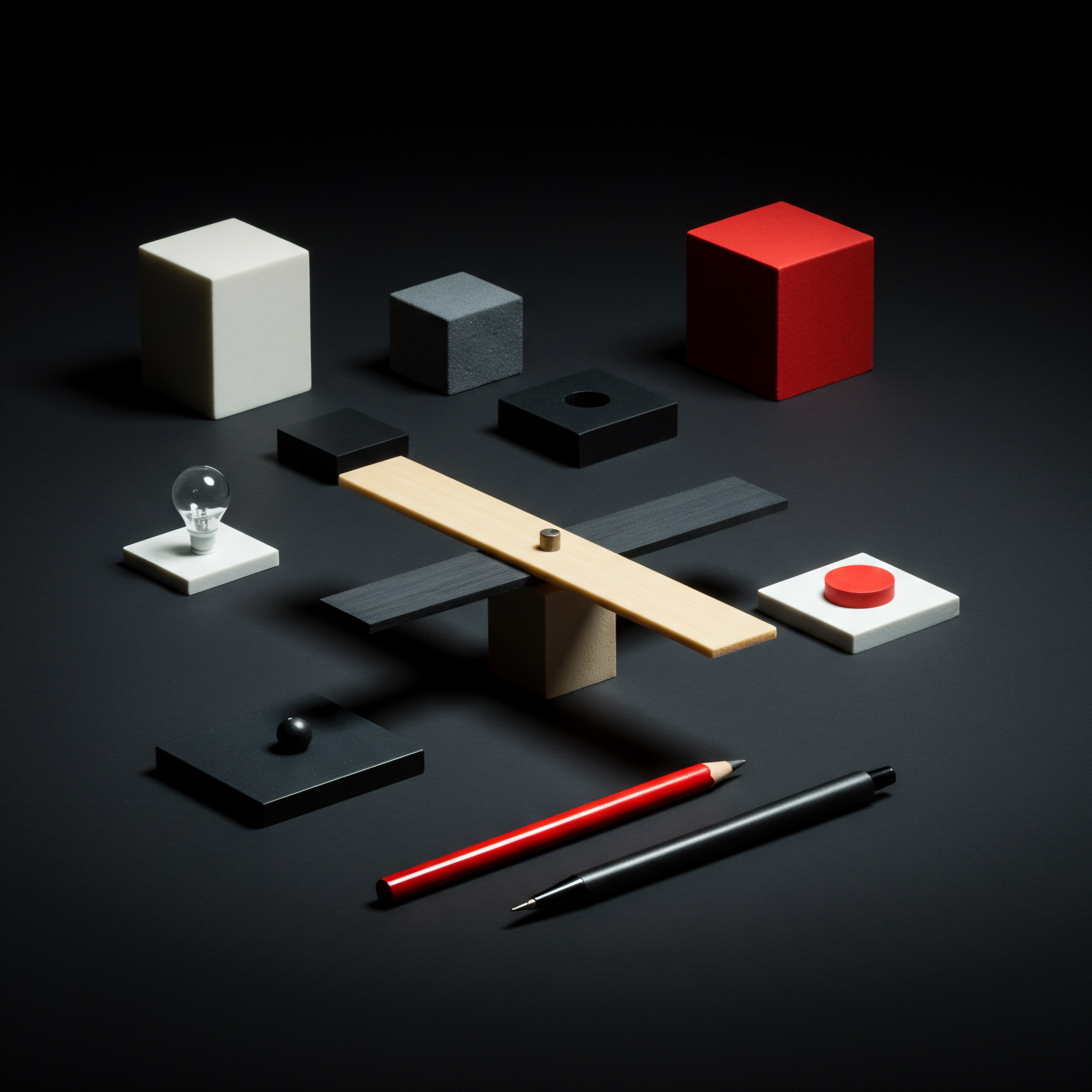 An artistic still life captures the essence of the Small Business landscape showing a conceptual balance of strategy and innovative ideas that are fundamental for growth in the modern workplace. Blocks in red white and gray represent various facets of the SMB Business operations including aspects of implementation finance and services and each need to be stable for expansion. A see-saw demonstrates planning in operations between these important functional blocks each having the same importance as the light bulb representing innovation ideas sitting on top of marketing automation. Pens resting at the bottom, indicate the workflow process automation involved in the journey for local Business growth in this growing industry using streamlined Technology solutions and software while providing essential support.