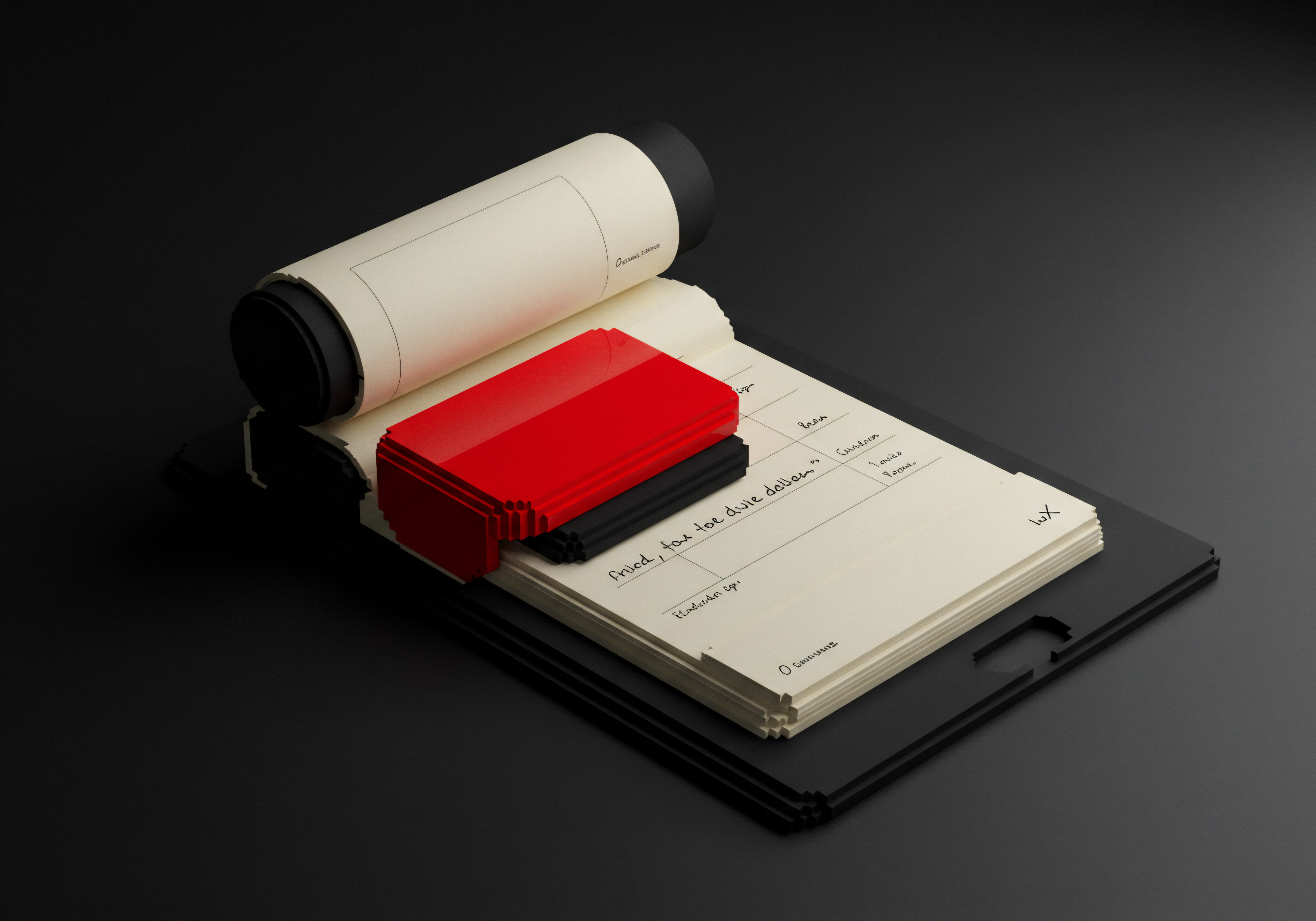 Creative Isometric Business Notebook with Checklist Automation and Scaling Strategy for SMB The image features an artistic rendering suggesting business planning and process automation, relevant to small and medium businesses. A notepad filled with entries about financial planning sits on a platform, alongside red and black elements that symbolize streamlined project management. This desk view is aligned with operational efficiency.