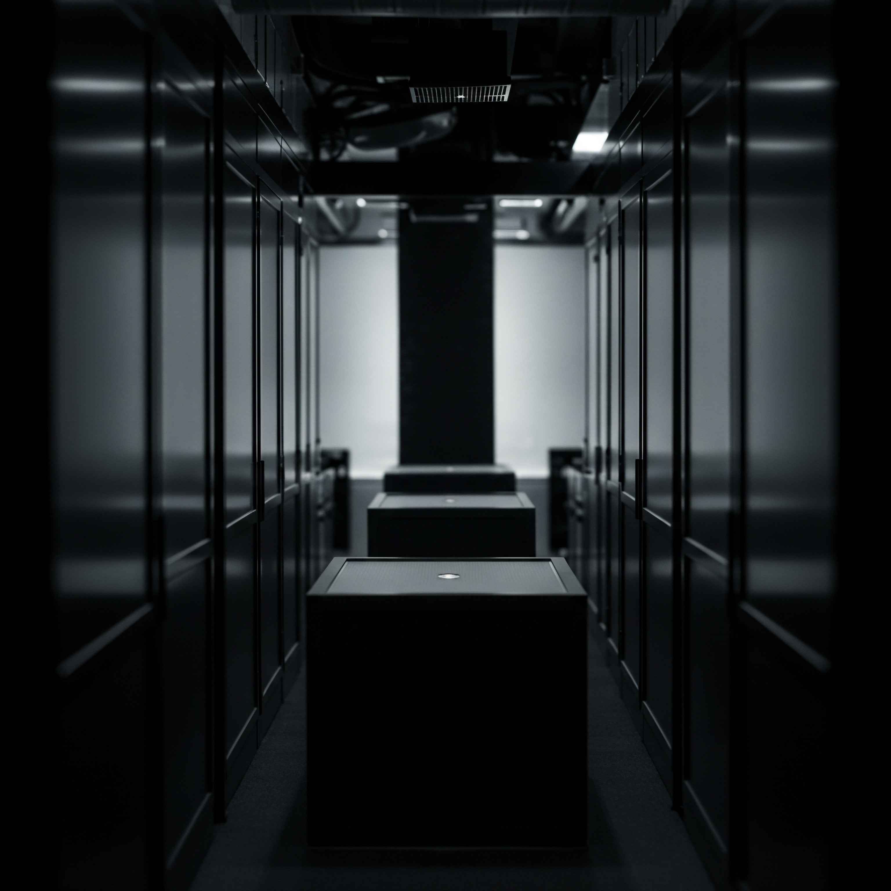 Dark Industrial Server Room Showcasing SMB Business Automation and Scale Strategy The photograph features a dimly lit server room. Its dark, industrial atmosphere illustrates the backbone technology essential for many SMB's navigating digital transformation. Rows of data cabinets suggest cloud computing solutions, supporting growth by enabling efficiency in scaling business processes through automation, software, and streamlined operations.