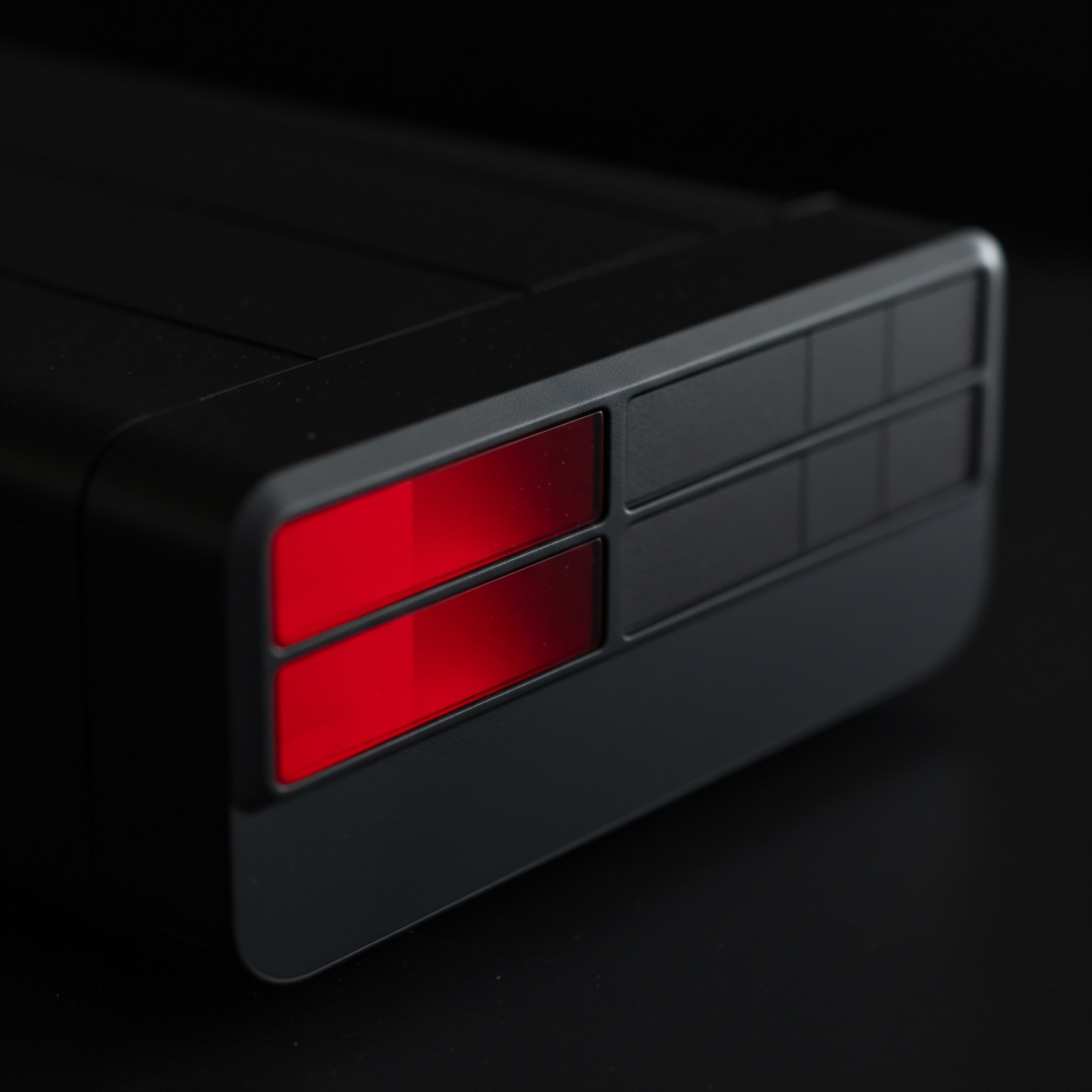 Dark Technology Data Box Representing SMB Business Digital Transformation and Automation A close-up of technology box set against black conveys a theme of SMB business owners leveraging digital transformation for achieving ambitious business goals. With features suggestive of streamlined automation for scaling growing and expanding the businesses from small local shop owners all the way to medium enterprise owners. The device with glowing accents points to modern workflows and efficiency tips.