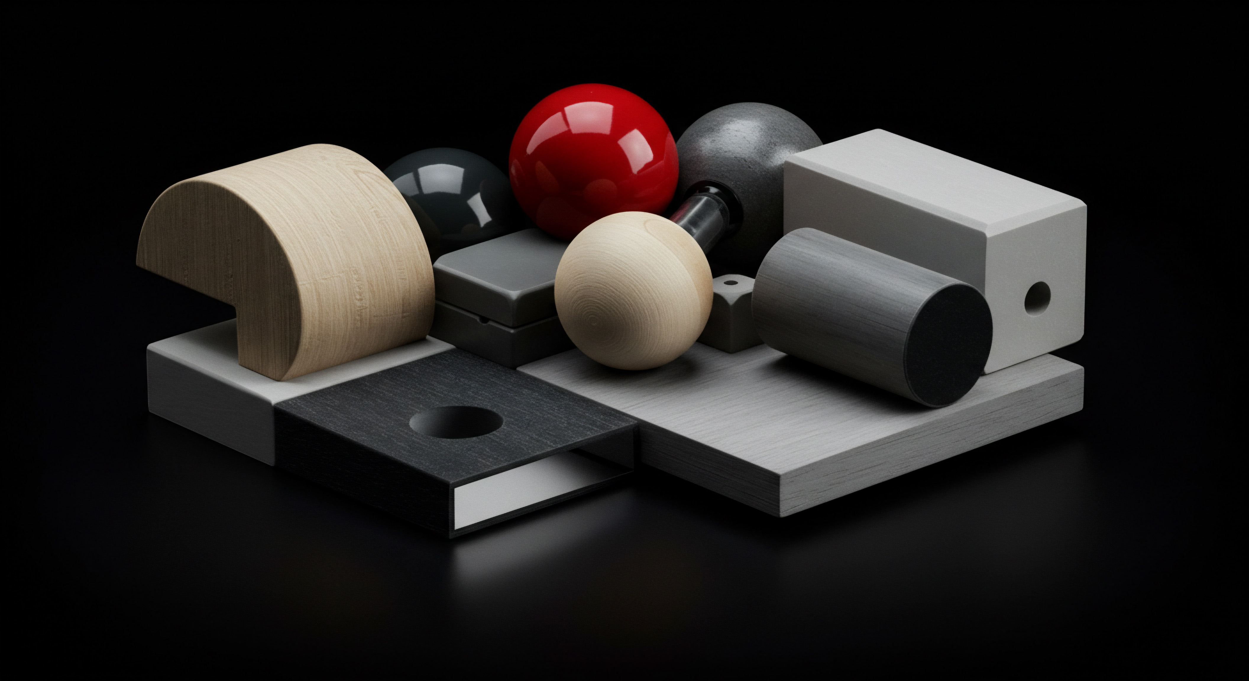 A striking studio shot features an arrangement of geometric shapes in neutral tones including spheres, cylinders, cubes, and semi circles suggesting innovative modular business expansion for a small business. Varied textures such as smooth stone, light and dark wood, and high gloss paint finishes create visual interest with elements hinting at connection through precisely placed holes. This abstract composition visually communicates scaling solutions, strategic planning, business support, and development with tools to build opportunity, foster achievement and improve scaling efforts. It also resonates with core values of an entrepreneur and his business such as data driven insights, workflow optimization and a resilient, adaptable framework which ultimately can help achieve success. Team culture, positive outlook and clear goals of an expanding business enterprise are symbolized through balance and intentional structure that foster innovation and optimization.