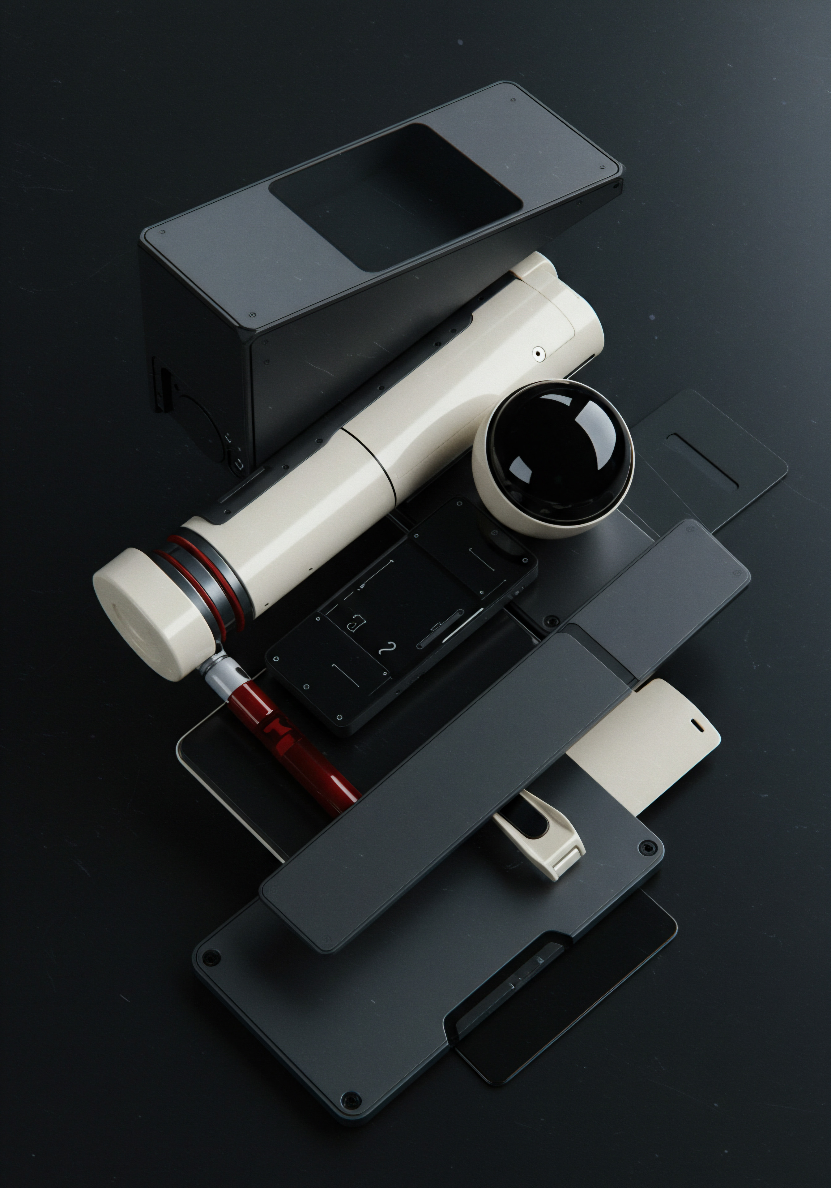 A minimalist collection of technological tools lies atop a sleek black surface symbolizing digital transformation and innovation within a forward thinking company. The assemblage includes a sleek cylinder and a glossy orb paired with flat devices reflecting strategic planning and automation. This arrangement suggests a set of resources for a small or medium business SMB owner ready to expand and optimize business operations. Key elements spotlight business technology SaaS solutions data analytics and modern digital tools used to streamline processes boost productivity and achieve growth in the competitive market. The imagery communicates progress development innovation and the future of work through efficient systems. Technology adoption and innovation supports scaling efforts.