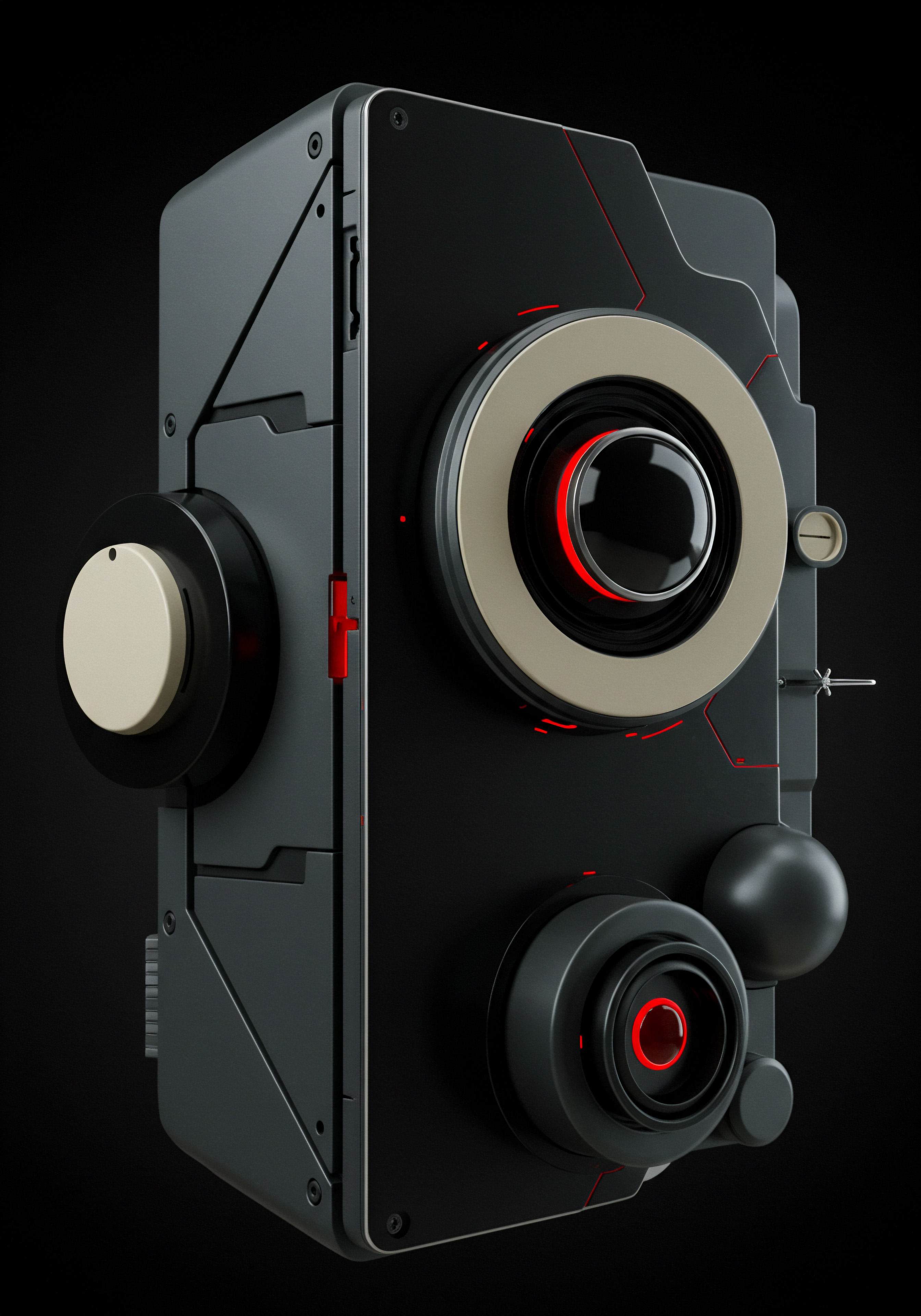 This digital artwork shows a technological apparatus in hues of gray and black with strategic red line accents. The central part resembles a lens structure, typical of modern business automation tools. The visual highlights themes of innovation, and problem solving associated with streamlined workflows and data analytics essential for strategic planning in a competitive marketplace. This business technology represents advancements small business owners and entrepreneurs utilize for growth, scaling, efficiency, and success. Technology offers modern solutions for service delivery and customer support including Software as a Service such as CRM, ERP platforms empowering SMB businesses. The modern system offers a digital transformation and business development for financial profit using efficient digital marketing and automation.