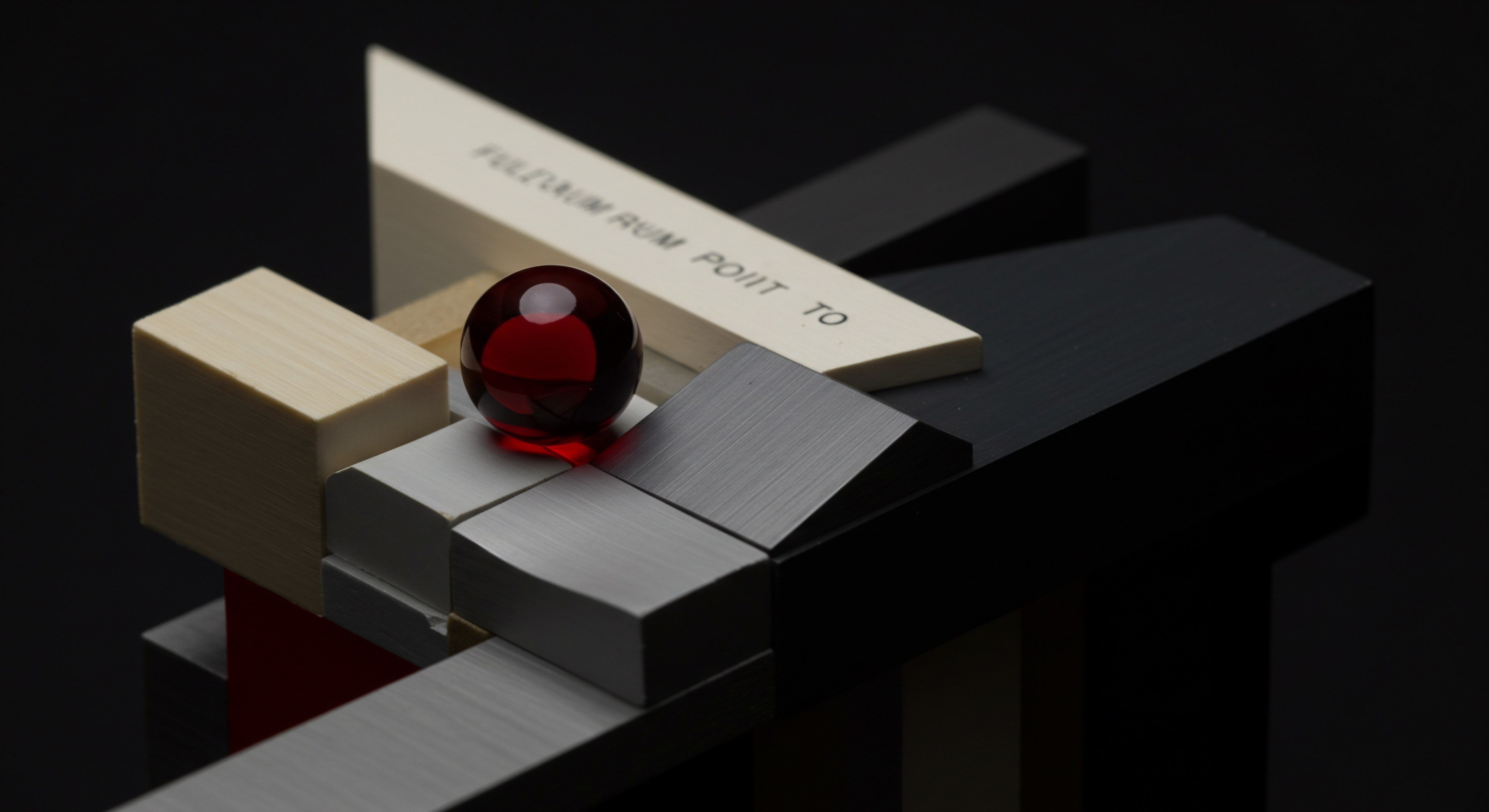 Geometric Arrangement Reflecting Scale Growth and Automation for Small Business Geometric structures and a striking red sphere suggest SMB innovation and future opportunity. Strategic planning blocks lay beside the "Fulcrum Rum Poit To", implying strategic decision-making for start-ups. Varying color blocks represent challenges and opportunities in the market such as marketing strategies and business development.