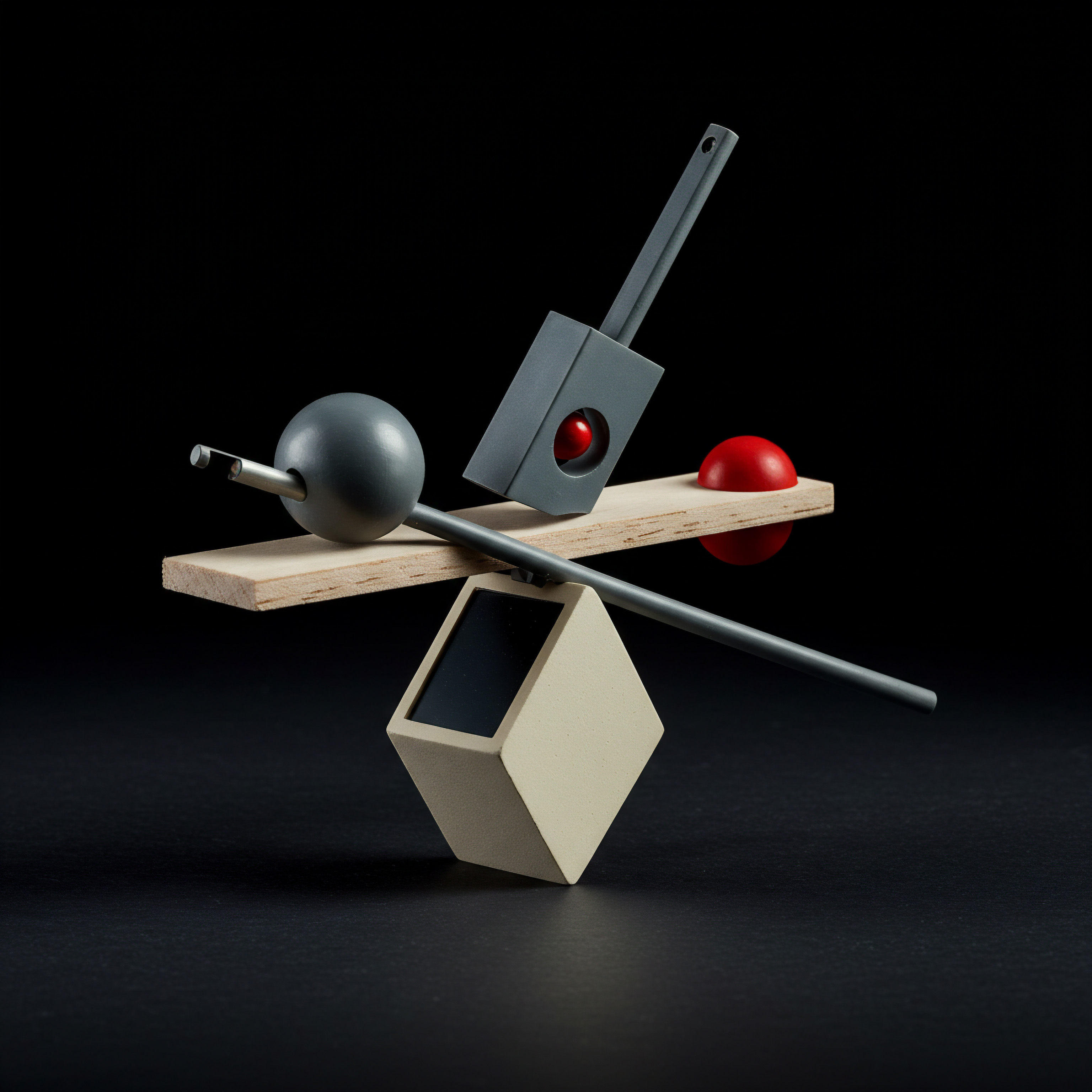 A still life arrangement showcases a symbolic representation of small business growth. The composition features geometric shapes including a sphere, cube, and rod. The wooden plank symbolizes strategy, balancing these elements. The image speaks to success in streamlining operations for entrepreneurs through digital transformation. It symbolizes a start-up's potential, emphasizing how smart planning improves growth scaling and offers opportunity in the competitive market. The composition illustrates business leadership in navigating complexities. It depicts the need for digital tools for analytics reporting in modern business with adaptable culture. The strategic balance suggests planning is key for achieving business goals in revenue optimization.