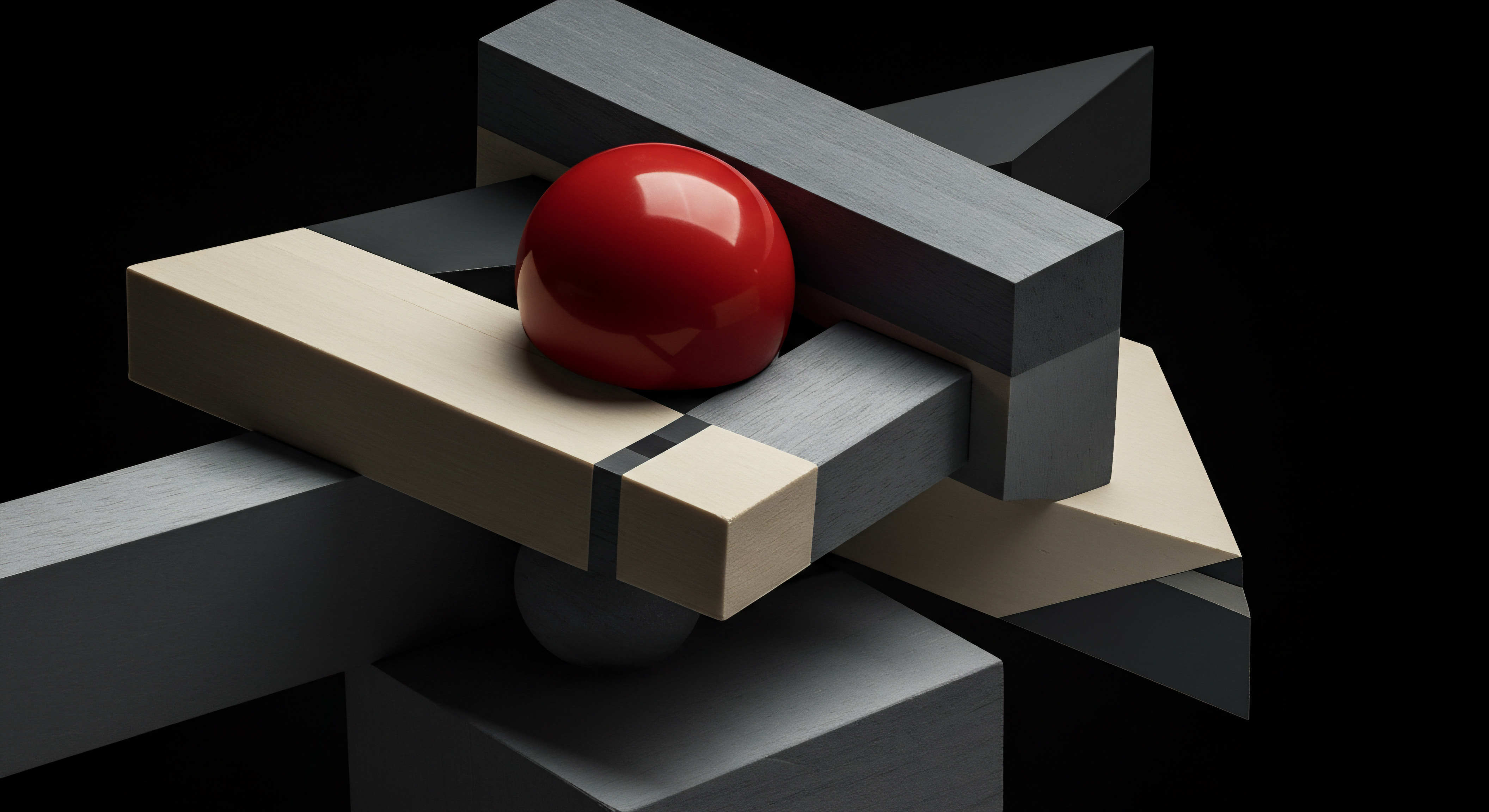 Geometric Still Life Composition Showcasing Scale and SMB Business Growth Set against a solid black backdrop an assembly of wooden rectangular prisms and spheres creates a dynamic display representing a collaborative environment. Rectangular forms interlock displaying team work, while a smooth red hemisphere captures immediate attention with it being bright innovation. One can visualize a growth strategy utilizing resources to elevate operations from SMB small business to medium business.