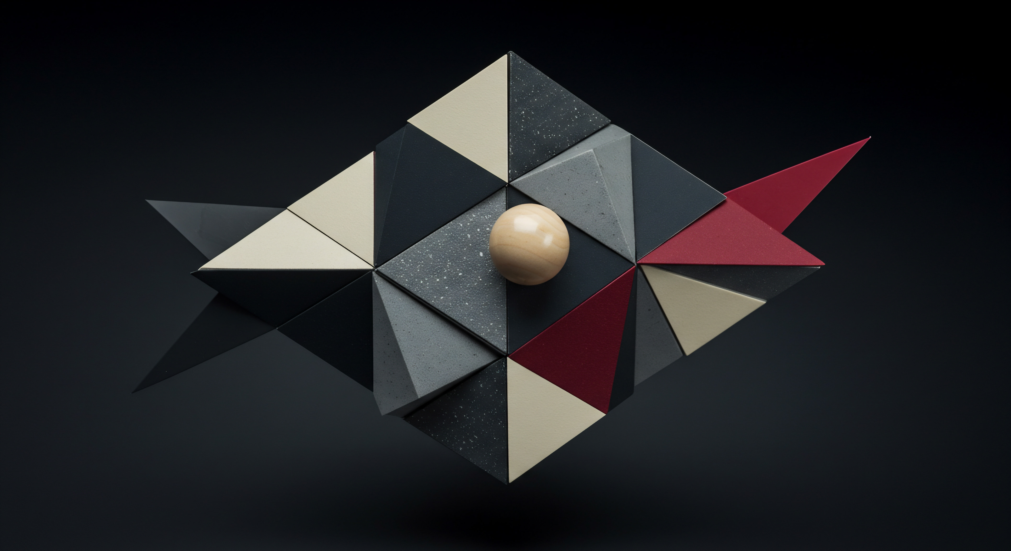 Geometric Triangles Spherical Object SMB Scale Up and Business Growth Concepts The striking composition features triangles on a dark background with an eye-catching sphere, symbolizes innovative approach to SMB scaling and process automation strategy. Shades of gray, beige, black, and subtle reds, highlights problem solving in a competitive market. Visual representation embodies business development, strategic planning, streamlined workflow, innovation strategy to increase competitive advantage.