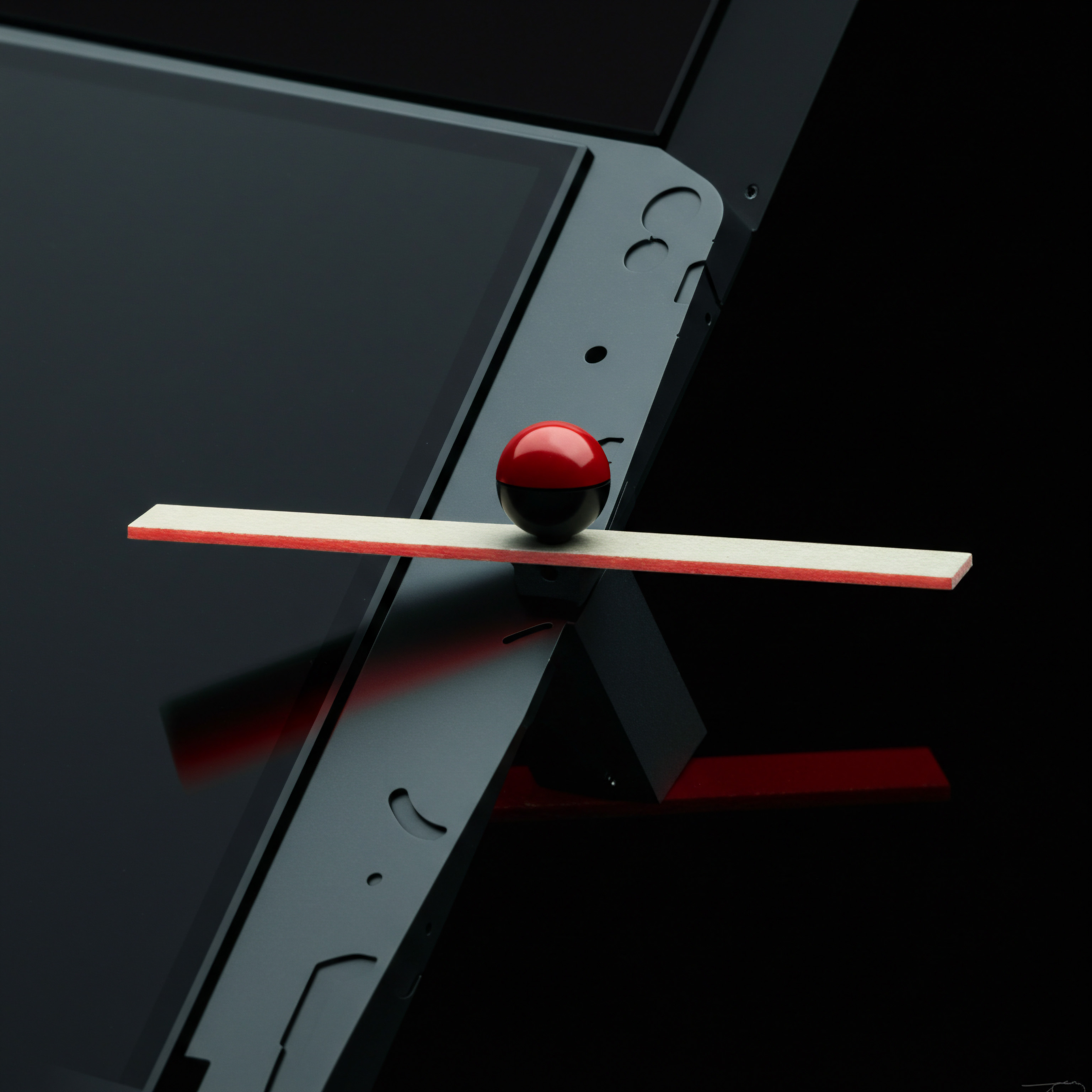 Innovative Business Automation Solution Ball and Balance for SMB Growth Strategy A dark minimalist setup shows a black and red sphere balancing on a plank with strategic precision, symbolizing SMBs embracing innovation. The display behind shows use of automation tools as an effective business solution and the strategic planning of workflows for technology management. Software as a Service provides streamlined business development and time management in a technology driven marketplace.