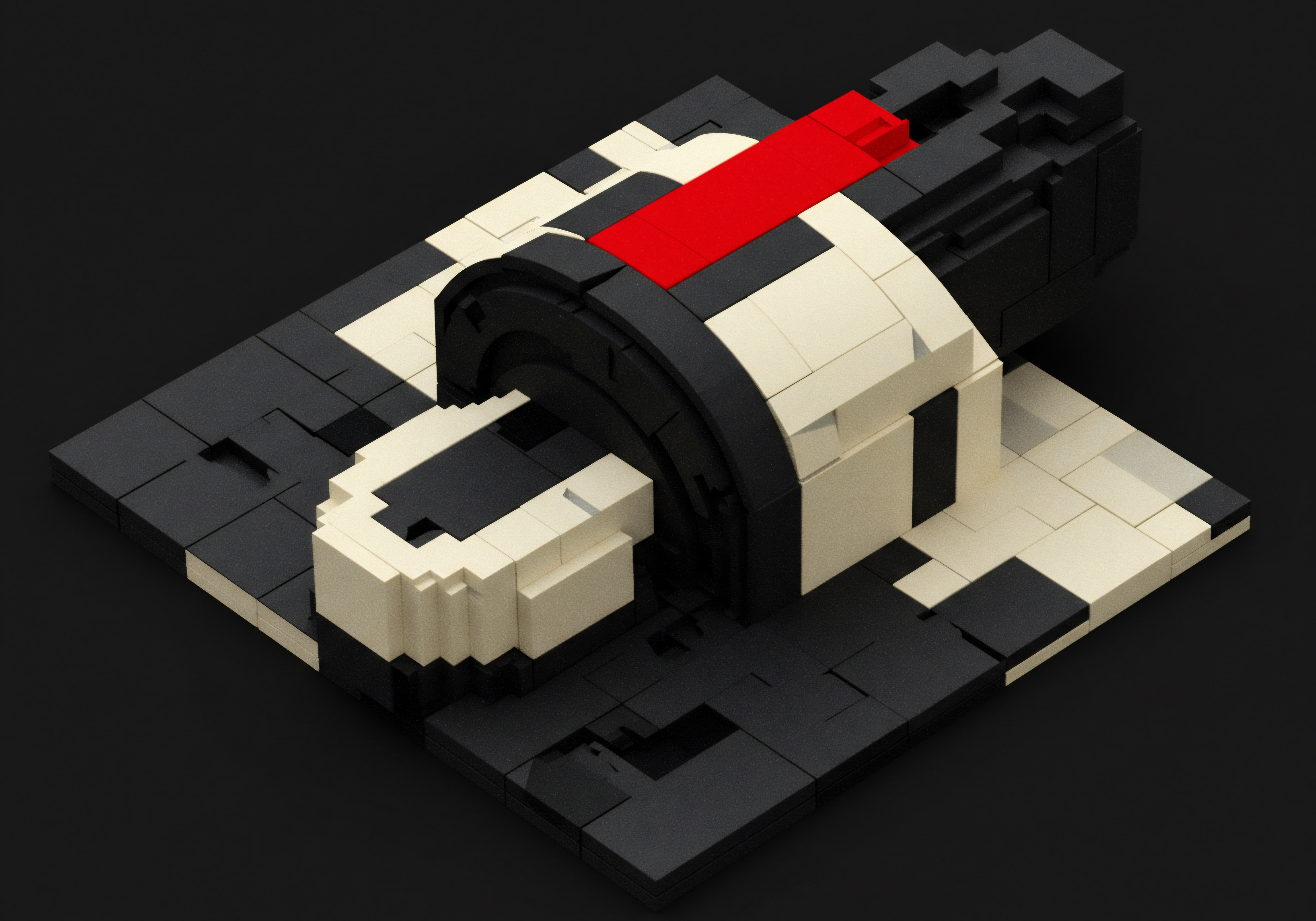 Isometric Lego Mosaic Depicting Scale Small Magnify Medium Build Business Strategy The Lego mosaic illustrates a modern workplace concept ideal for SMB, blending elements of technology, innovation, and business infrastructure using black white and red color palette. It symbolizes a streamlined system geared toward growth and efficiency within an entrepreneurial business structure. The design emphasizes business development strategies, workflow optimization, and digital tools useful in today's business world.