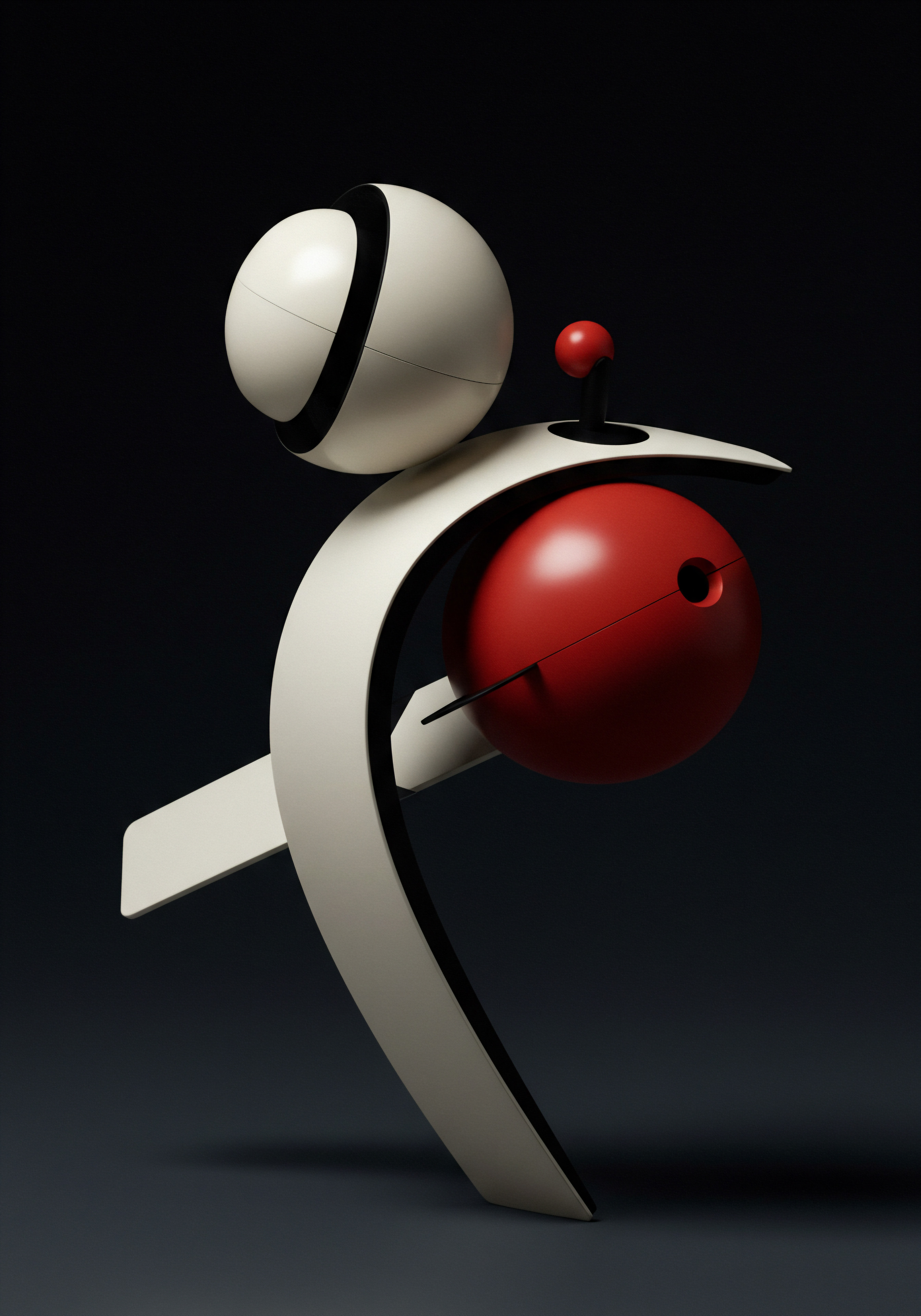 Modern Business Concept Abstract Design Representing Innovation and Scalable Growth for SMB Balanced geometric shapes suggesting harmony, represent an innovative solution designed for growing small to medium business. A red sphere and a contrasting balanced sphere atop, connected by an arc symbolizing communication. The artwork embodies achievement.