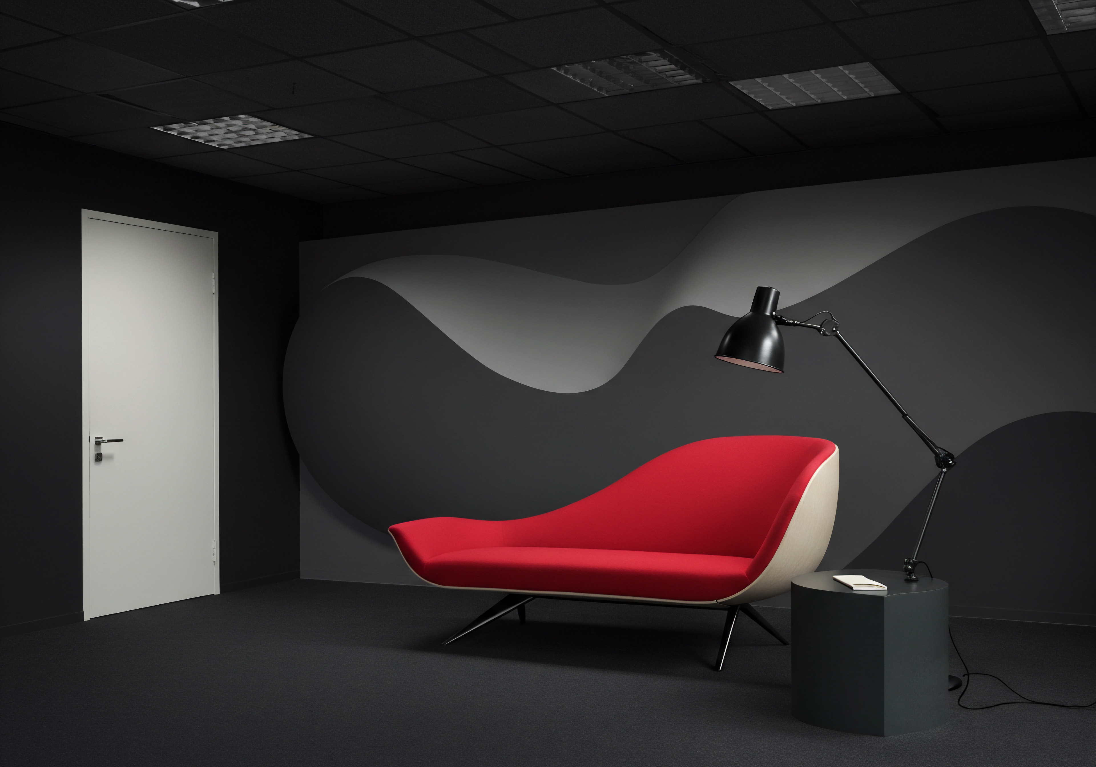 Office Interior Red Sofa Black Lamp Small Business Automation Technology Growth A red sofa paired with black lamp in an office interior represents small business and automation solutions for business expansion. The setup highlights streamlined, future technology-oriented operational efficiency for an agile SMB culture and potential business goals with positive sustainable investment. The business culture suggests innovation and a focus on market growth with the adoption of strategic planning to deliver results.