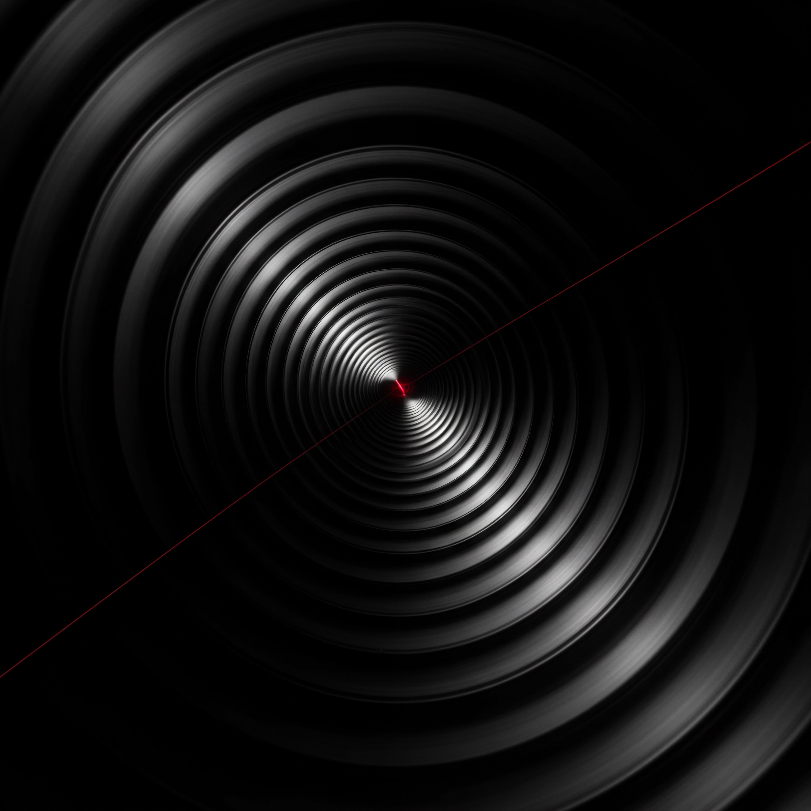 Optical Business Technology A Red Laser Point In Dark Grey Gradient Concentric Rings The image presents a deep array of concentric dark gray rings focusing on a bright red laser point at its center representing the modern workplace. This symbolizes critical strategic focus for small businesses to navigate their plans and achieve success in a competitive marketplace. The core message conveys how technology innovation and investment with efficient automated workflows and customer service will benefit team productivity while growing enterprise scaling via data and sales performance.