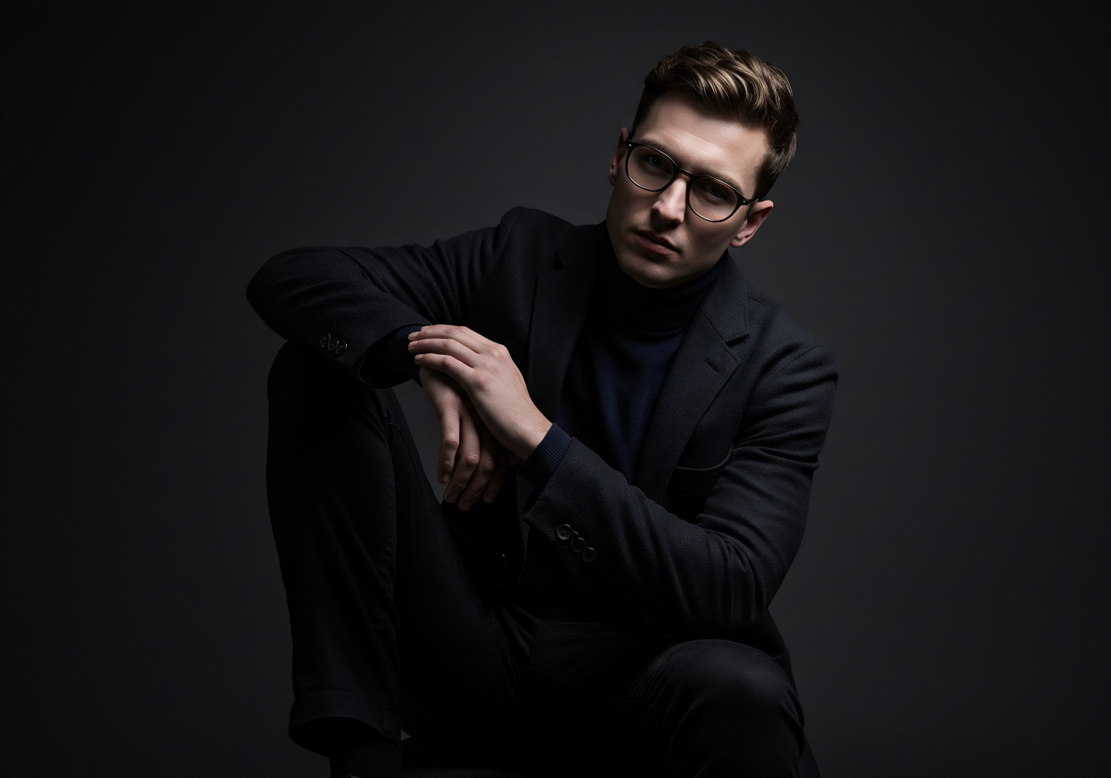 Portrait of a Thoughtful Entrepreneur Wearing Glasses Scaling Small Business This portrait presents a modern business owner with glasses, in a stylish yet classic dark suit. The serious gaze captures the focus needed for entrepreneurs of Main Street Businesses. The individual exemplifies digital strategy, showcasing innovation, achievement, and strategic planning.