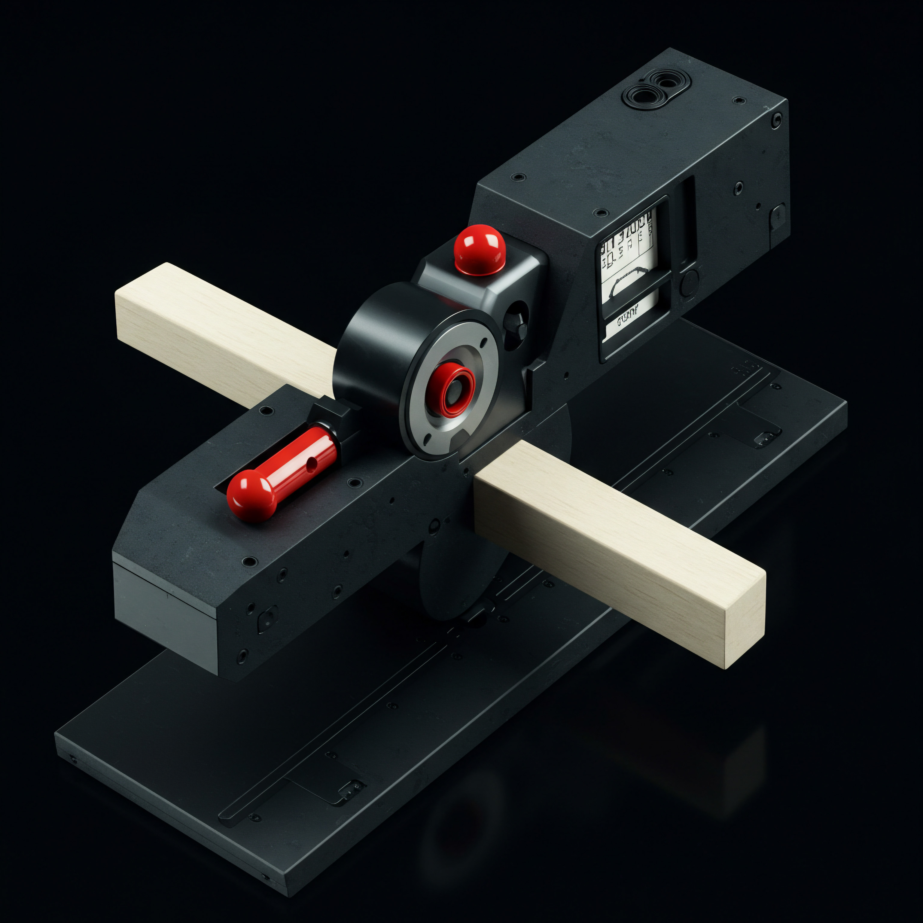 Precision Scaling Tools Aiding SMB Manufacturing Growth and Automation Strategy This industrial precision tool highlights how small businesses utilize technology for growth, streamlined processes and operational efficiency. A stark visual with wooden blocks held by black metallic device equipped with red handles embodies the scale small magnify medium core value. Intended for process control and measuring, it represents the SMB company's strategic approach toward automating systems for increasing profitability, productivity improvement and data driven insights through digital transformation.