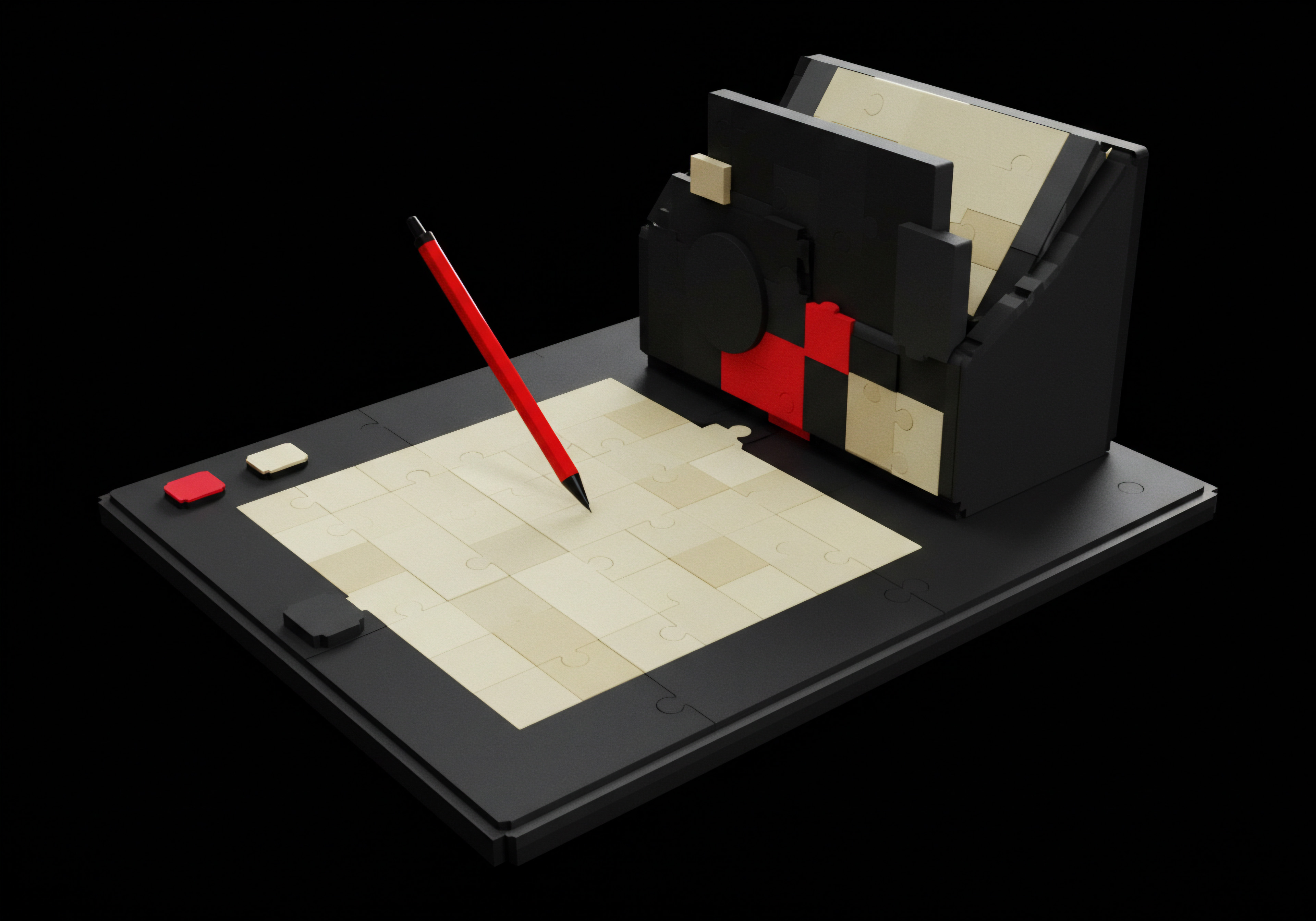 Puzzle Piece Strategy A Scalable Business Solution for Entrepreneurs A stylized illustration of a toy brick-built desk features a half-finished puzzle and a toy red pen, illustrating problem-solving or project development, suitable for entrepreneur startup or SMB scenarios. A black frame surrounds the puzzle suggesting planning or strategizing, while additional block based sections represent the automation, management and operations processes that complete strategic goals. Vertical pieces held near the puzzle refer to streamlining, or strategic implementations using solutions based in scaling innovation.