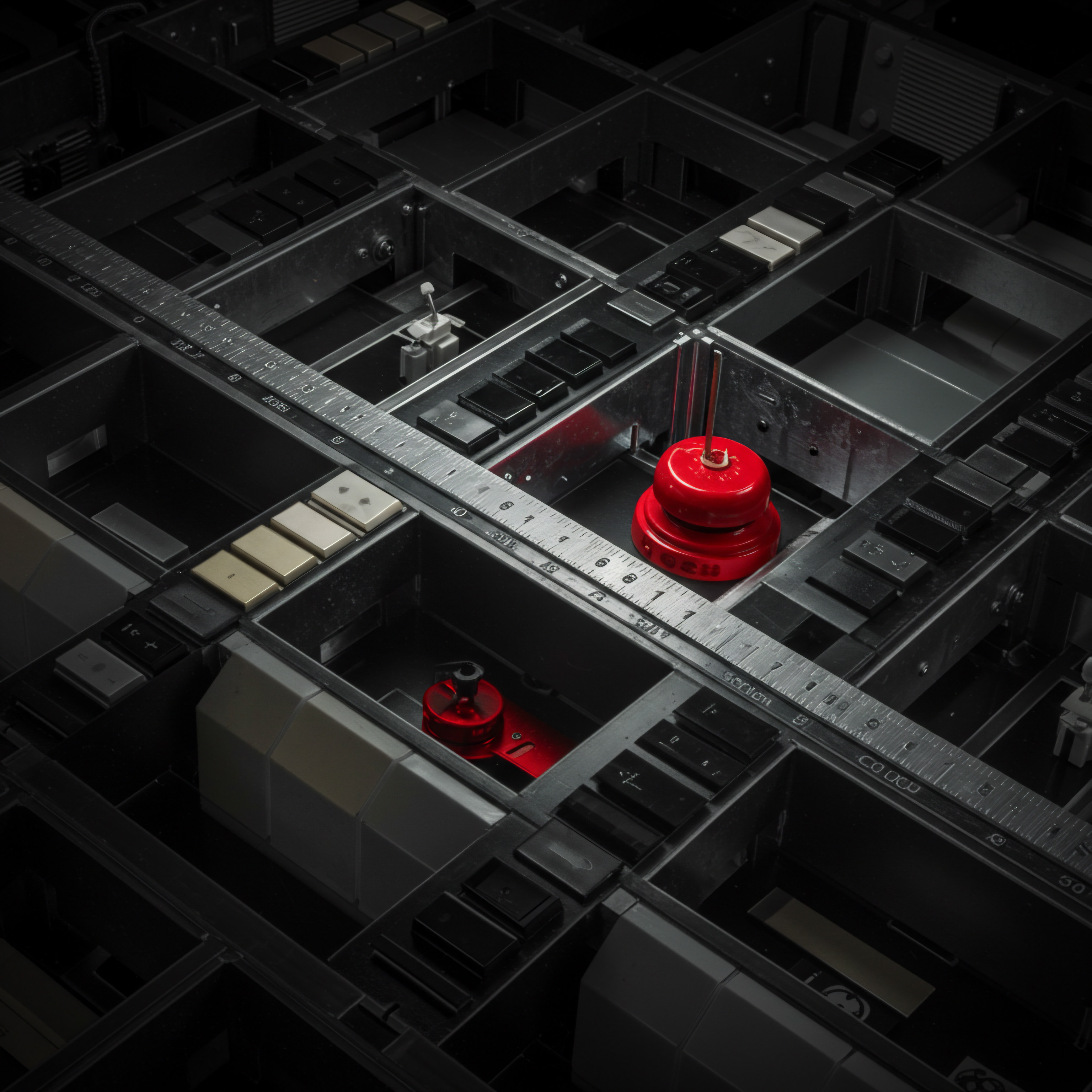 An abstract scene reveals a matrix of black and silver grid-like structures reminiscent of complex business systems and operational frameworks essential for Small Business to thrive. A vibrant red focus button nestled within this infrastructure symbolizing process automation and workflow optimization strategies. A metallic ruler juxtaposed against the network representing data driven decision-making, measurement of progress toward targets, and goals for growth and Scaling Business. This digital transformation framework ensures agility in adapting to ever evolving Market Trends, a streamlined approach to service product delivery. Highlighting innovation for achieving success and market expansion in the digital age using software solutions for small and medium businesses.