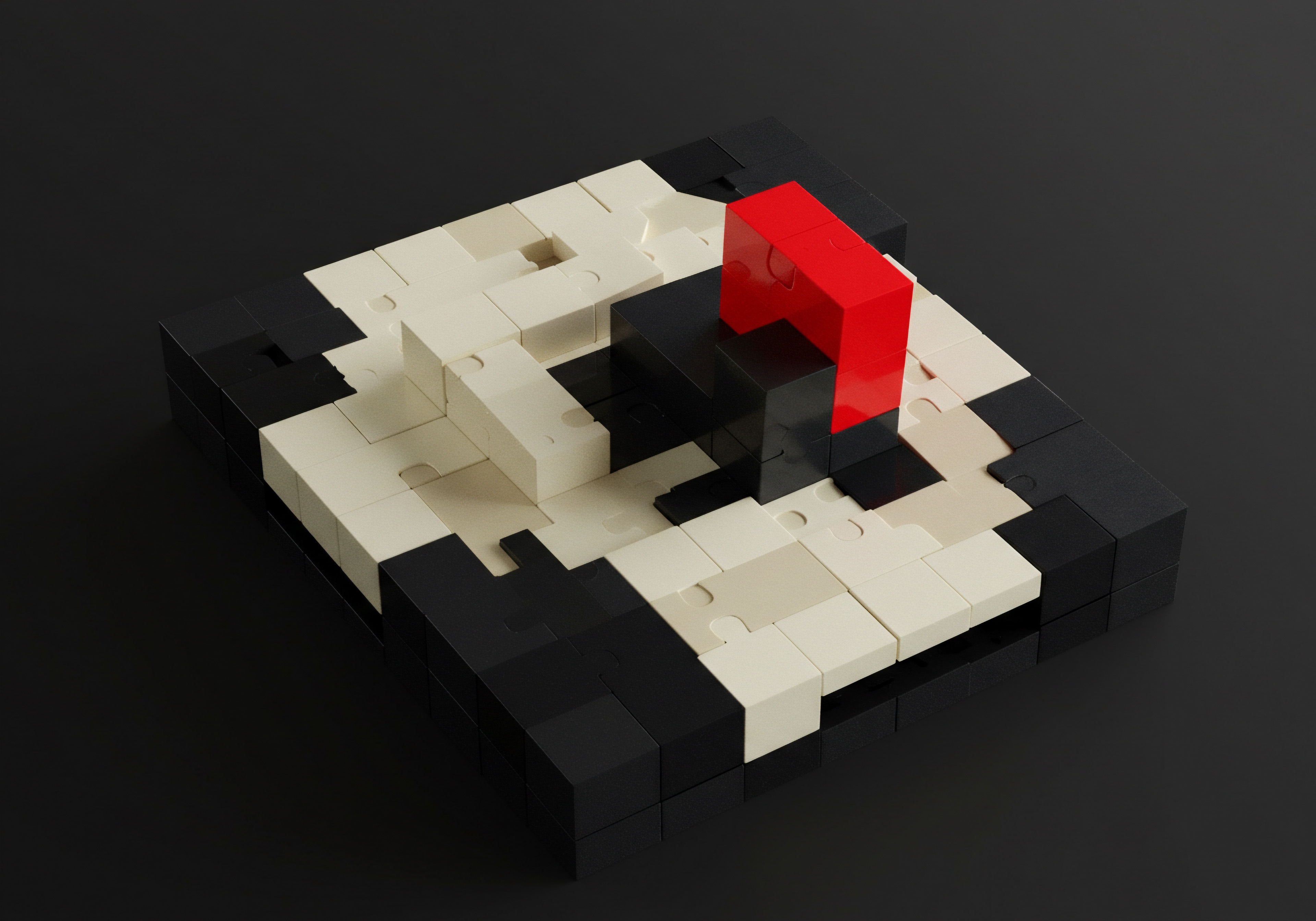 An abstract arrangement of puzzle pieces signifies business growth in small and medium business. Black and white blocks create a foundational pattern, a system upon which expansion is built for entrepreneurs. A red block stands tall, indicating a goal achieved by Business Owner leveraging innovation within a competitive market. It embodies success and positive outcomes with efficient operations, cost reduction and streamlined processes that allows scalability. This also embodies digital transformation using software solutions which represents opportunity for investment. The framework showcases problem solving that ensures operational efficiency, growth and scaling potential that results in a successful growing business by implementing strategy and leveraging data and analytics for scale up within the business plan.