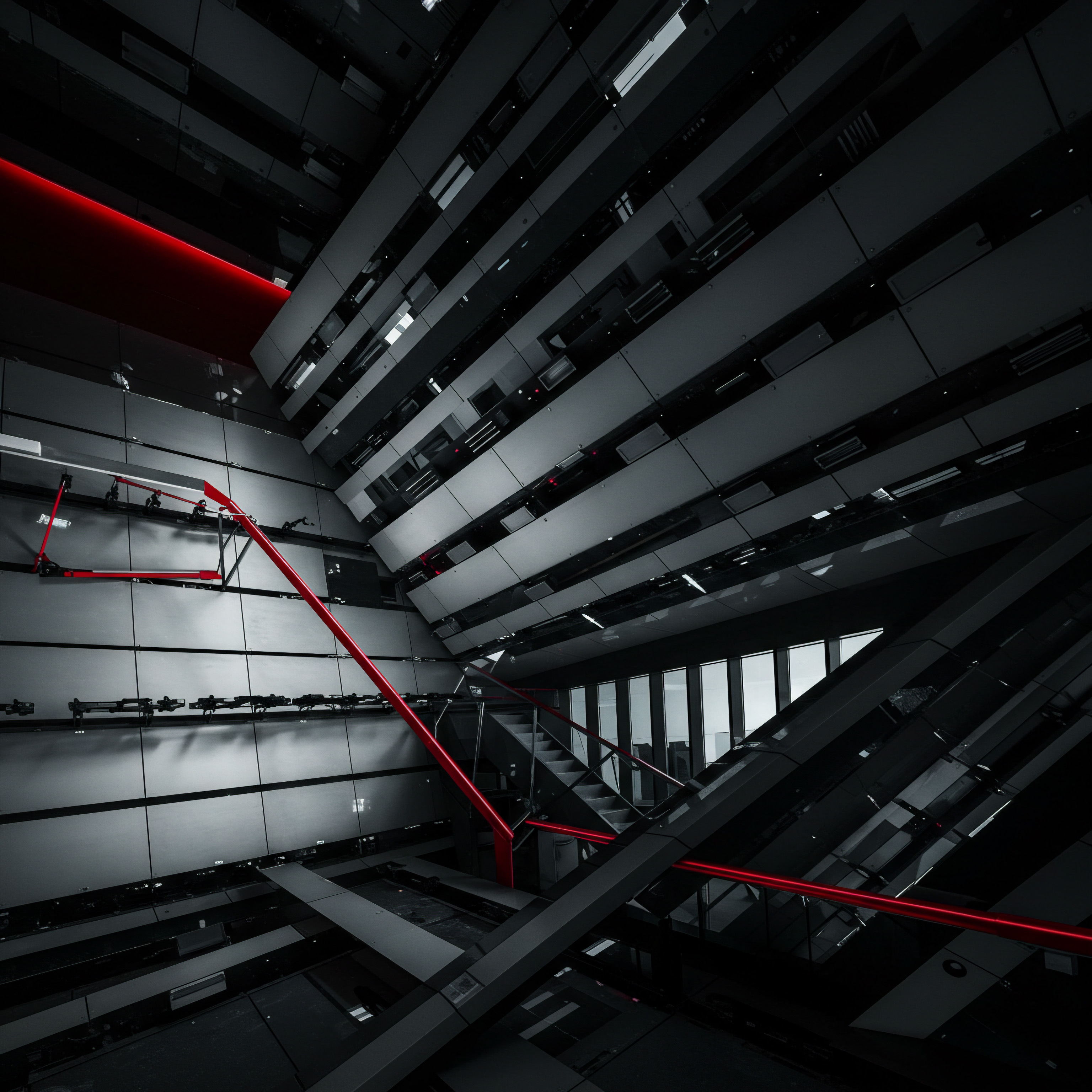 Scaling SMB Business Architectural Innovation Reflects Visionary Growth and Modern Workplace Solutions This intriguing architectural photograph presents a metaphorical vision of scaling an SMB with ambition. Sharply contrasting metals, glass, and angles represent an Innovative Firm and their dedication to efficiency. Red accents suggest bold Marketing Strategy and Business Plan aiming for Growth and Market Share.